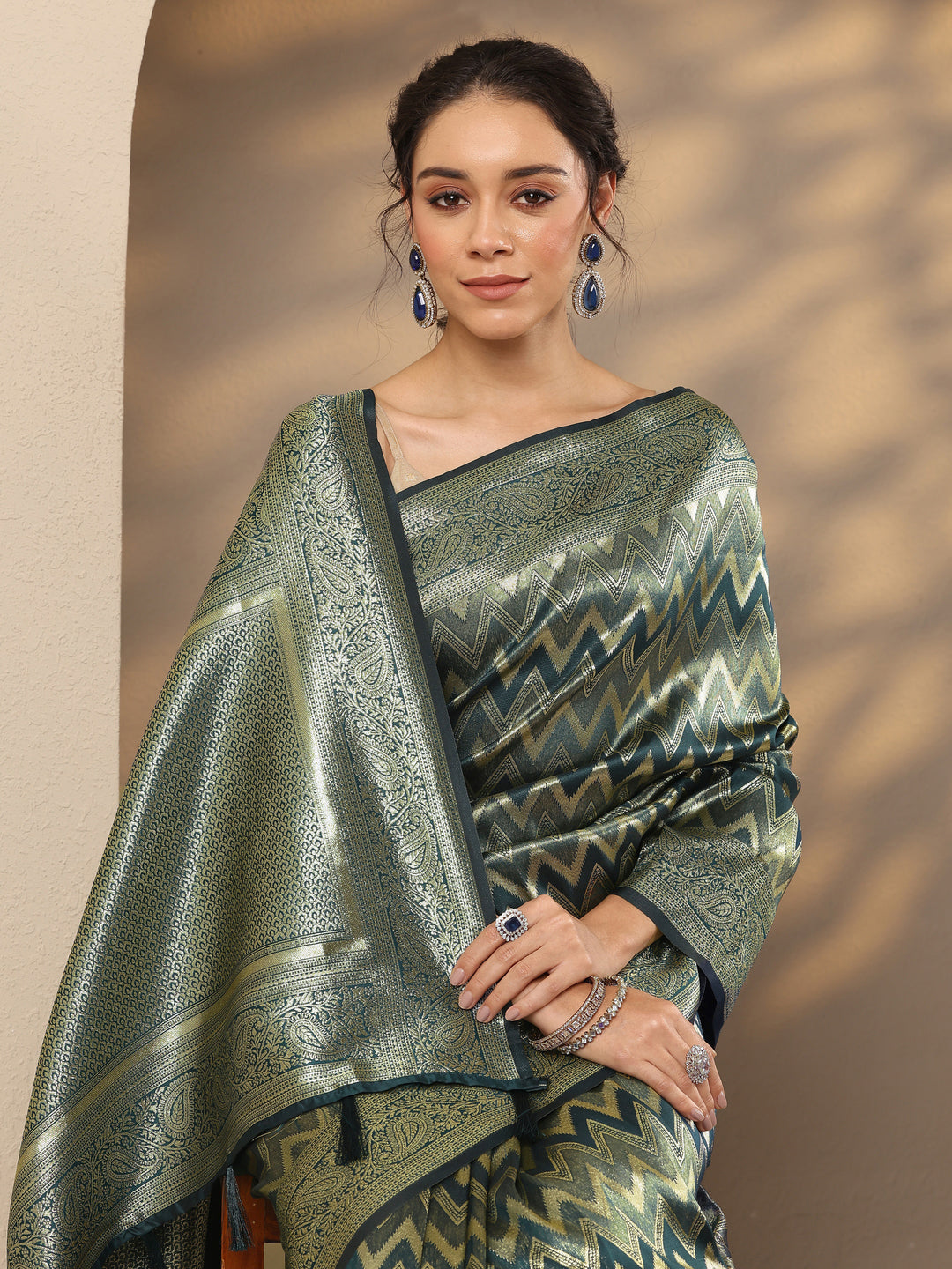  Blue Chevron Woven Design Silk Blend Saree With Unstitched Blouse Piece 