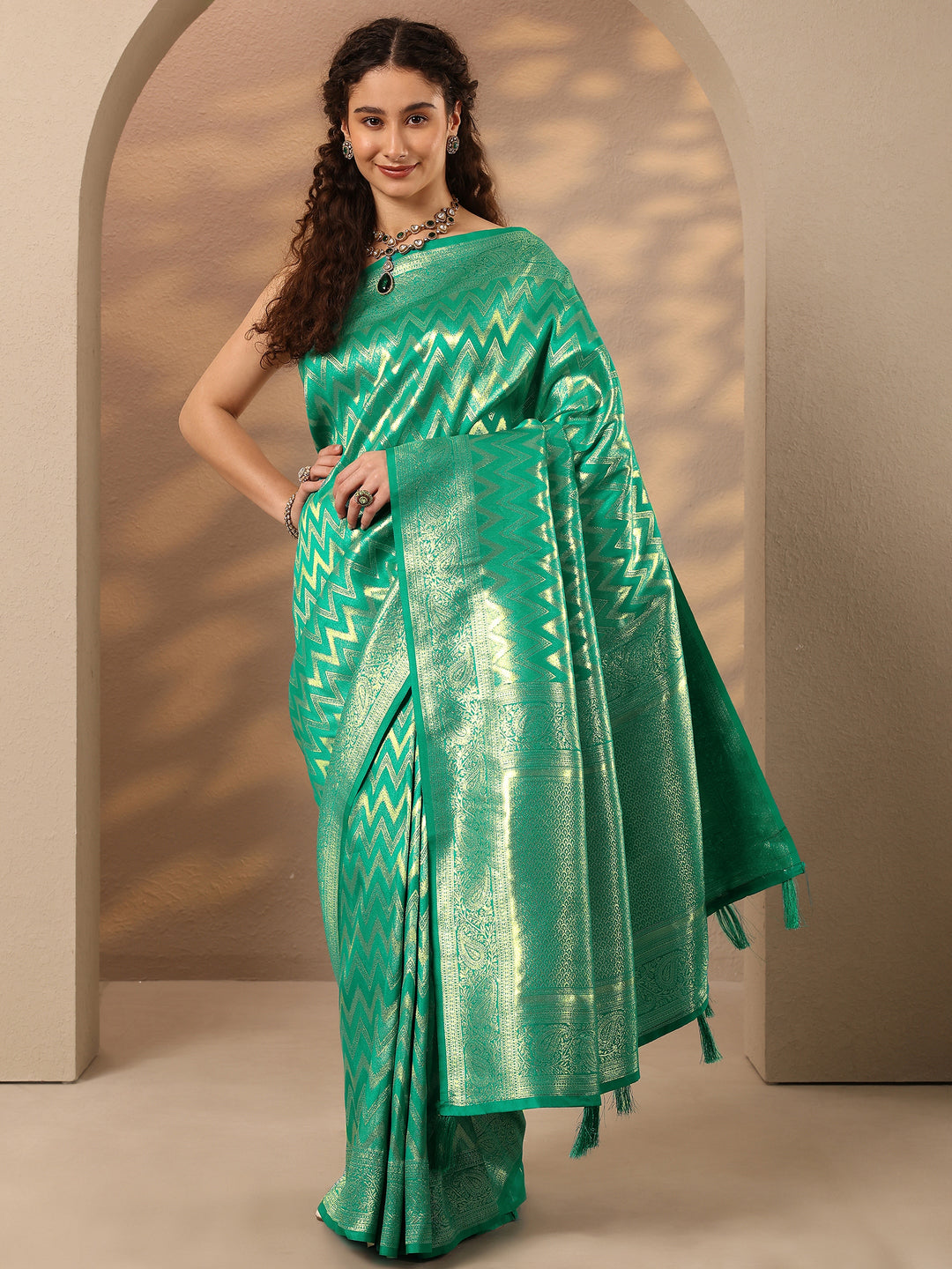  Green Chevron Woven Design Silk Blend Saree With Unstitched Blouse Piece 