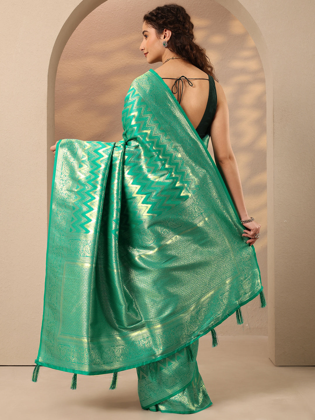  Green Chevron Woven Design Silk Blend Saree With Unstitched Blouse Piece 