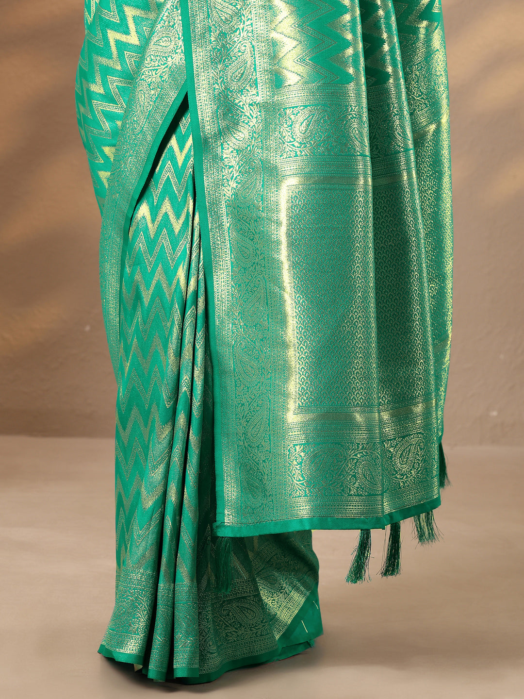  Green Chevron Woven Design Silk Blend Saree With Unstitched Blouse Piece 