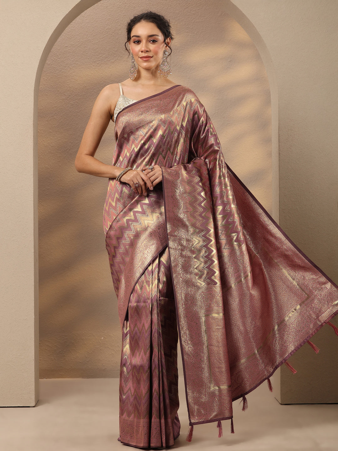  Purple Chevron Woven Design Silk Blend Saree With Unstitched Blouse Piece 