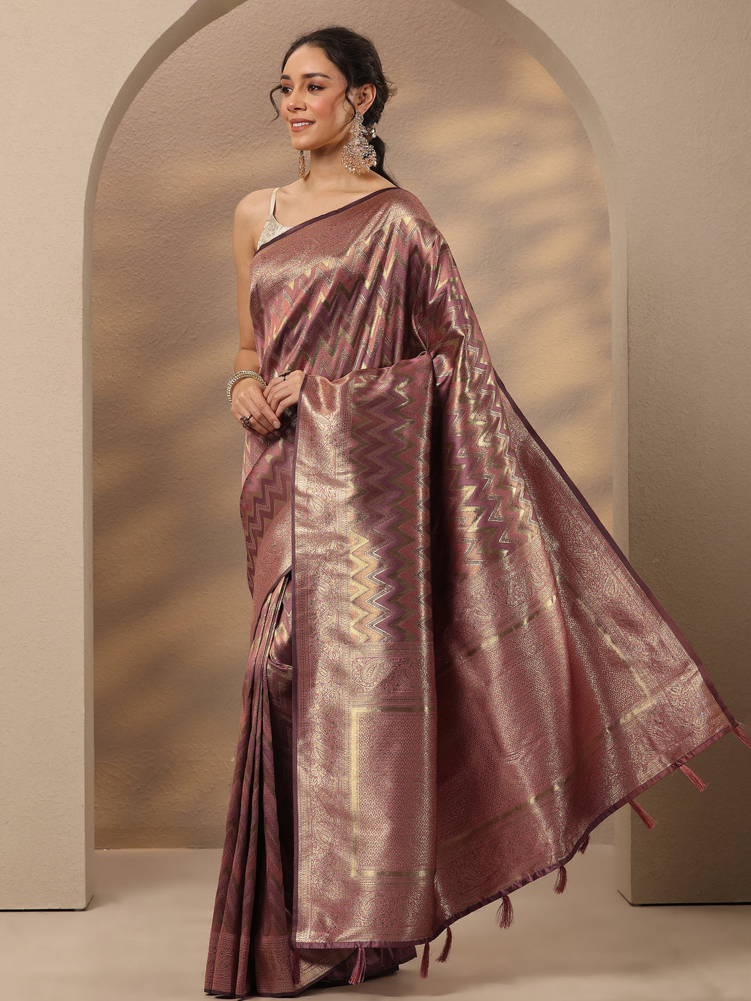  Purple Chevron Woven Design Silk Blend Saree With Unstitched Blouse Piece 