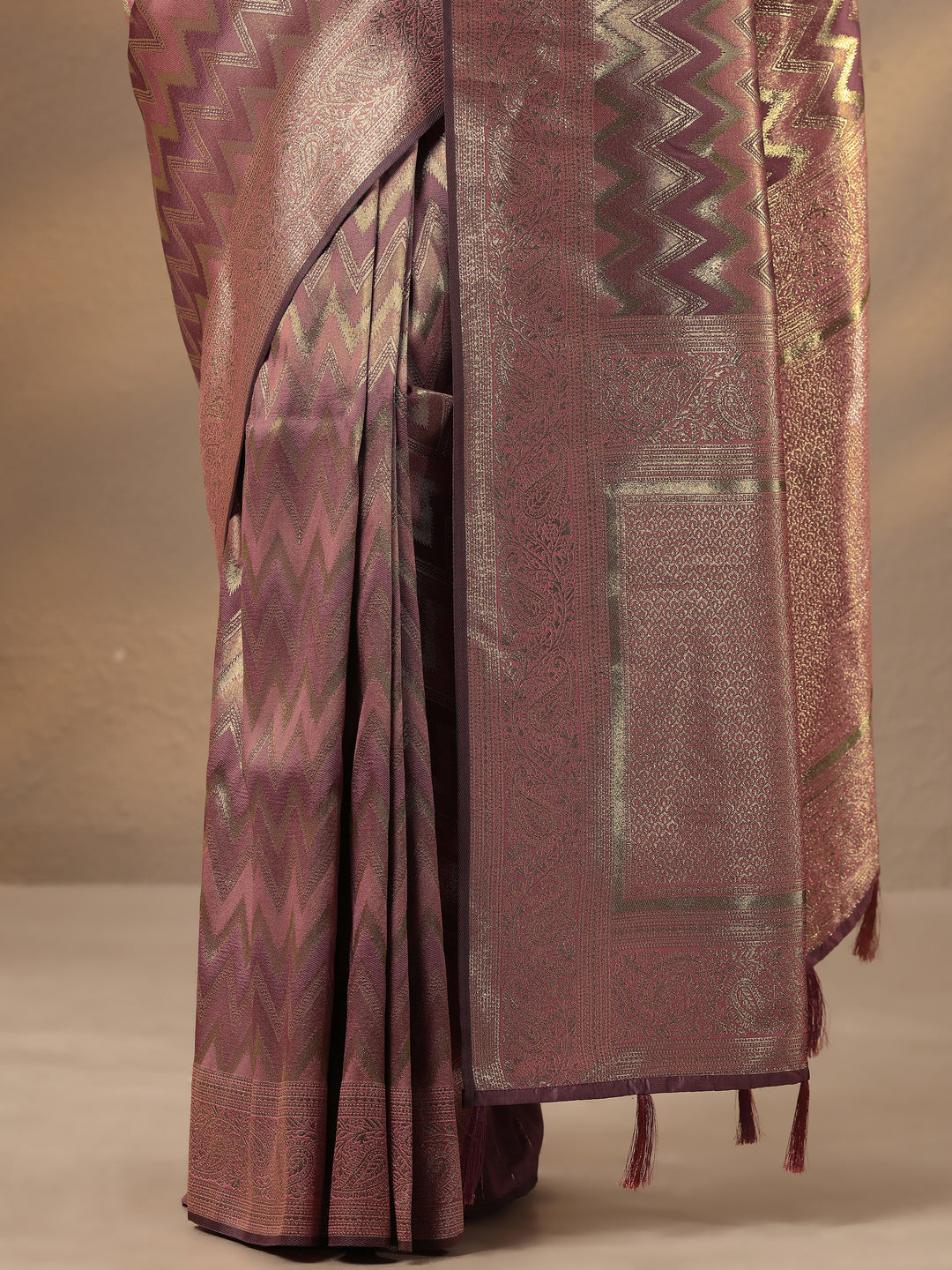  Purple Chevron Woven Design Silk Blend Saree With Unstitched Blouse Piece 