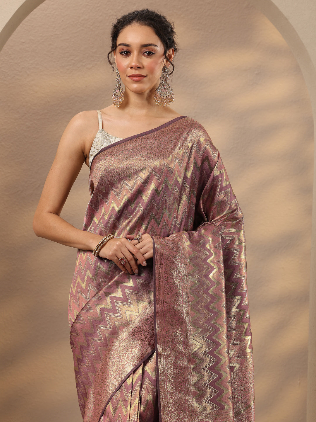  Purple Chevron Woven Design Silk Blend Saree With Unstitched Blouse Piece 