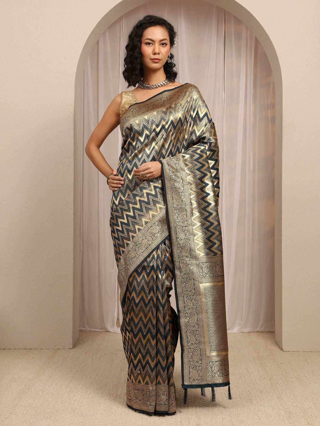  Blue Chevron Woven Design Silk Blend Saree With Unstitched Blouse Piece 
