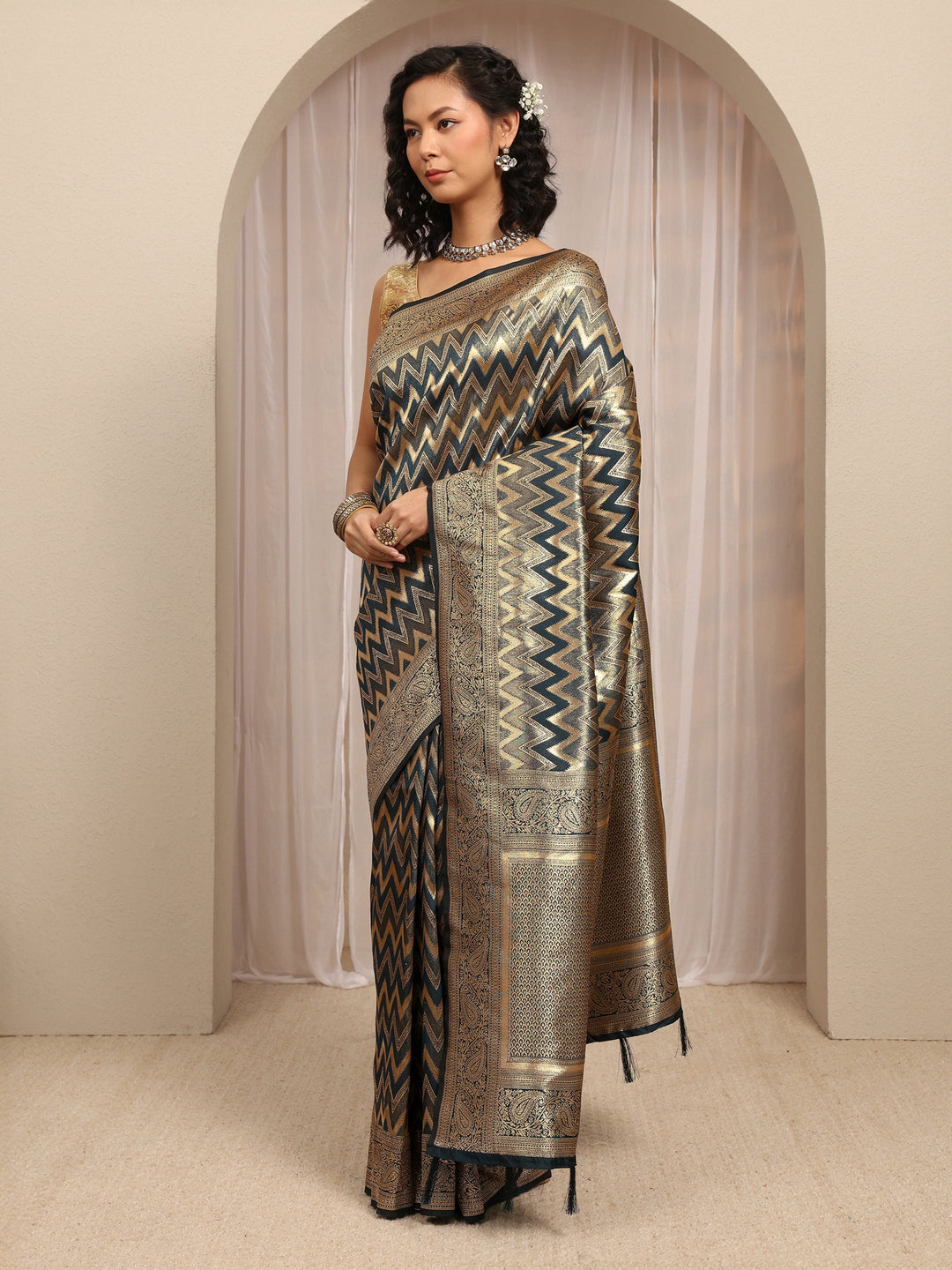  Blue Chevron Woven Design Silk Blend Saree With Unstitched Blouse Piece 