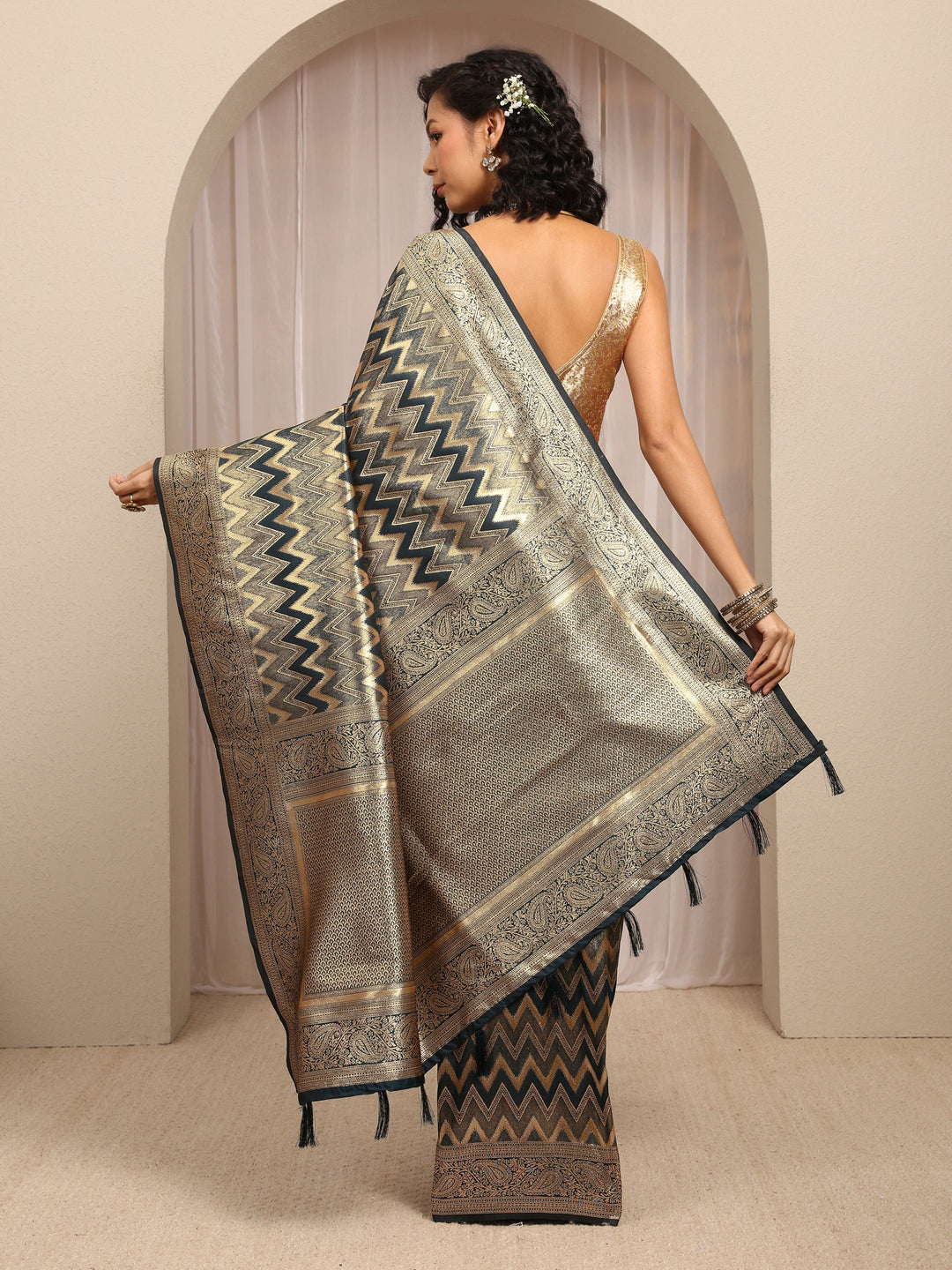  Blue Chevron Woven Design Silk Blend Saree With Unstitched Blouse Piece 