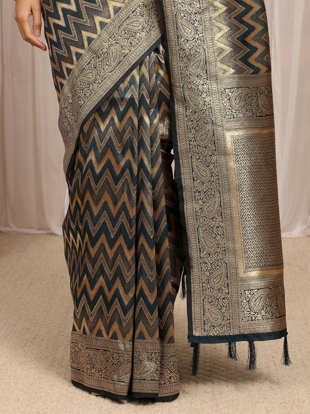 Blue Chevron Woven Design Silk Blend Saree With Unstitched Blouse Piece 