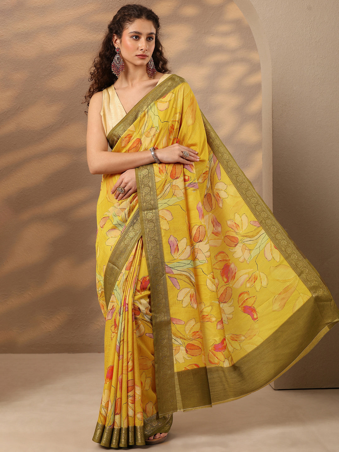  Yellow Printed Silk Blend Saree With Unstitched Blouse Piece 