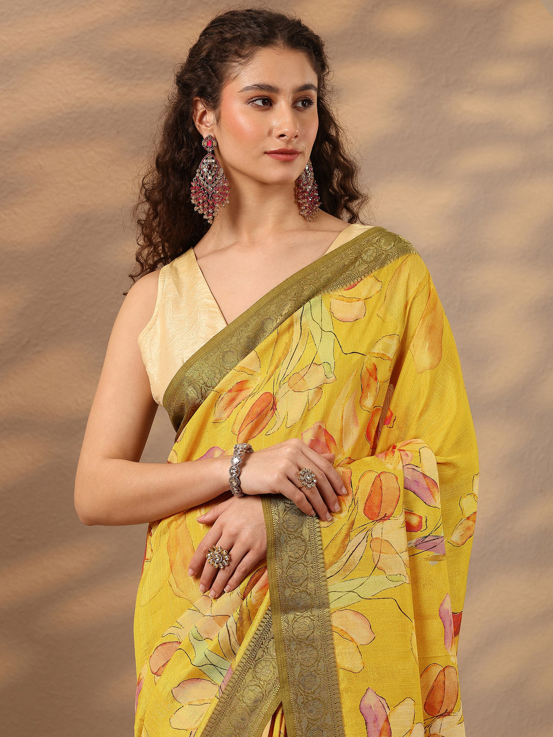  Yellow Printed Silk Blend Saree With Unstitched Blouse Piece 
