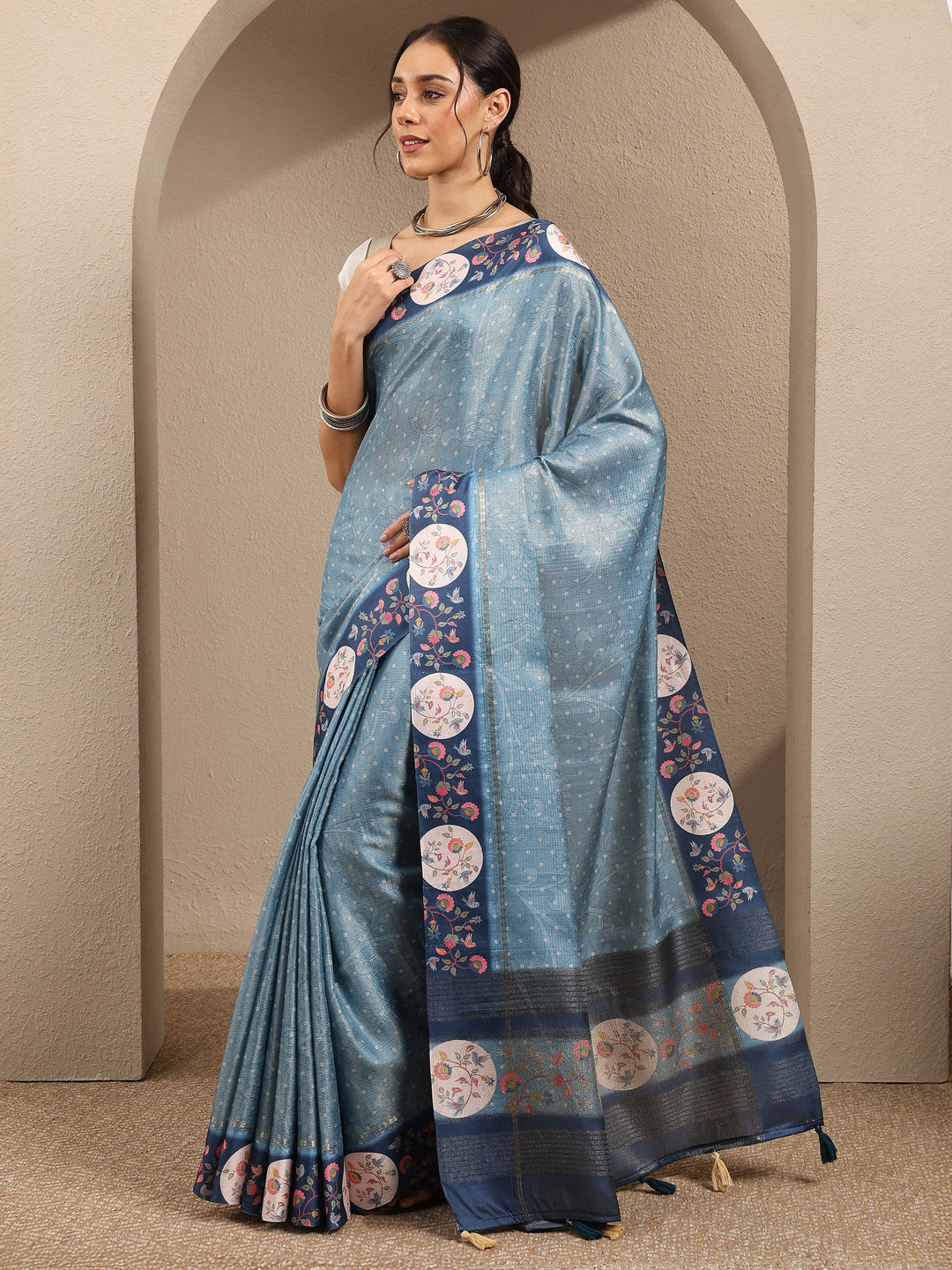 Blue Bandhani Printed Silk Blend Saree With Unstitched Blouse Piece