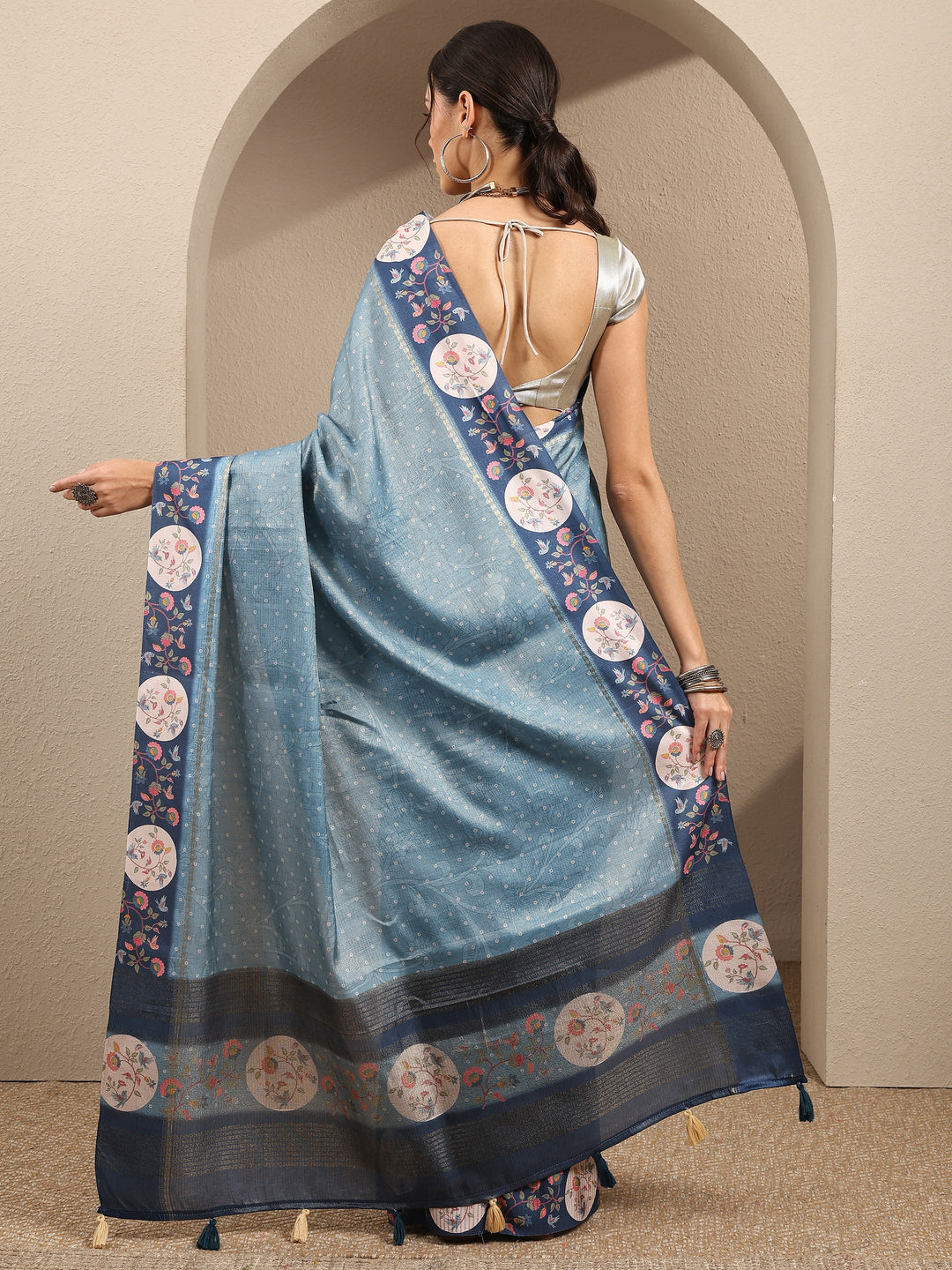  Blue Bandhani Printed Silk Blend Saree With Unstitched Blouse Piece 