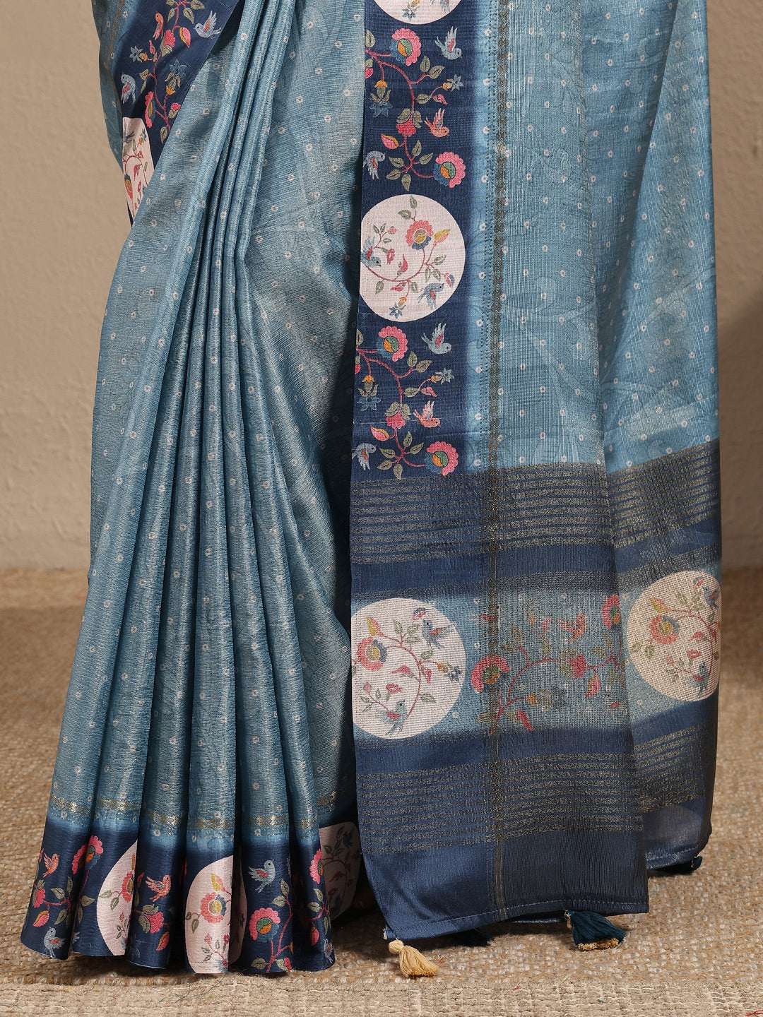  Blue Bandhani Printed Silk Blend Saree With Unstitched Blouse Piece 