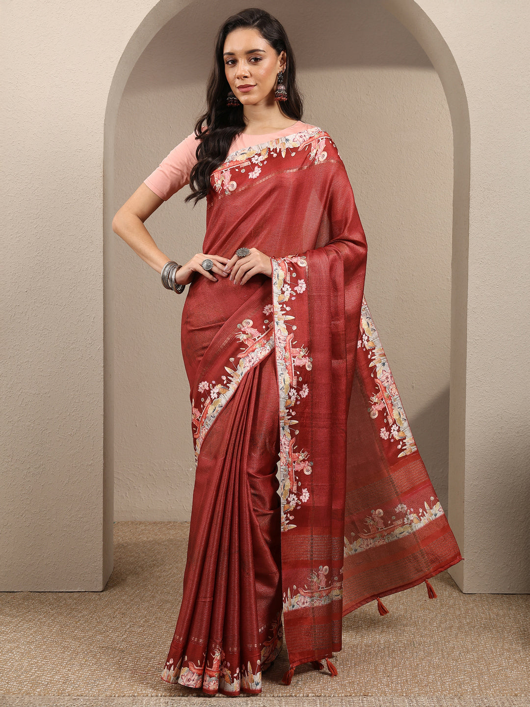  Brown Printed Silk Blend Saree With Unstitched Blouse Piece 