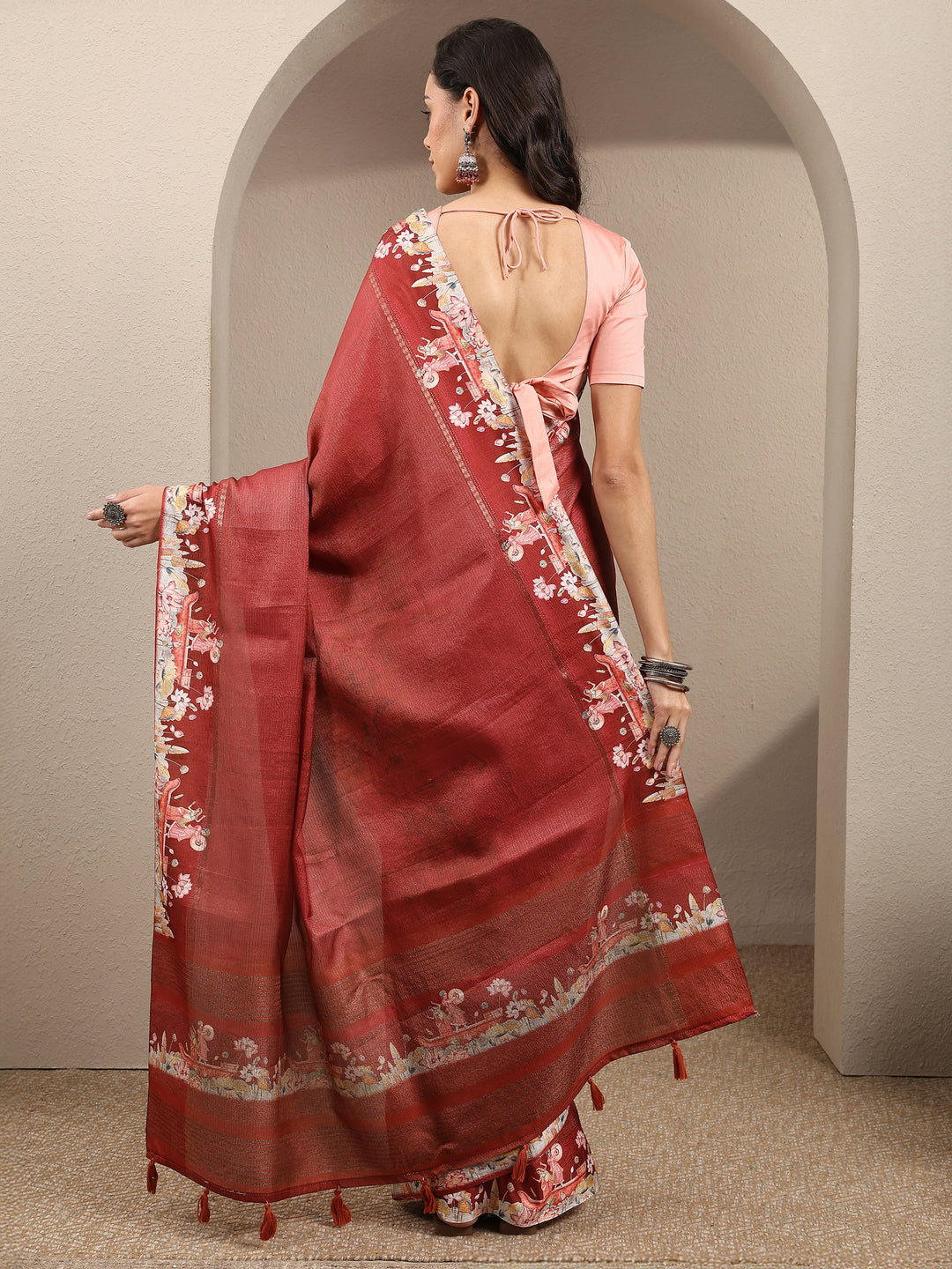  Brown Printed Silk Blend Saree With Unstitched Blouse Piece 