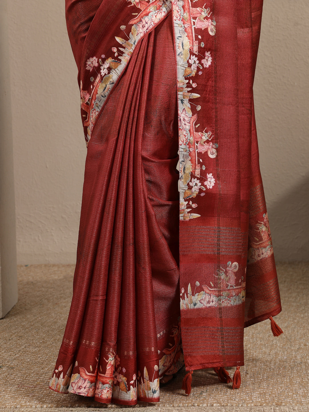  Brown Printed Silk Blend Saree With Unstitched Blouse Piece 