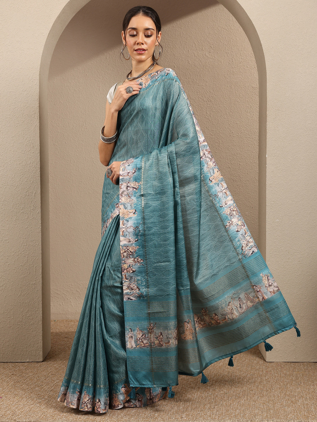  Green Printed Silk Blend Saree With Unstitched Blouse Piece 