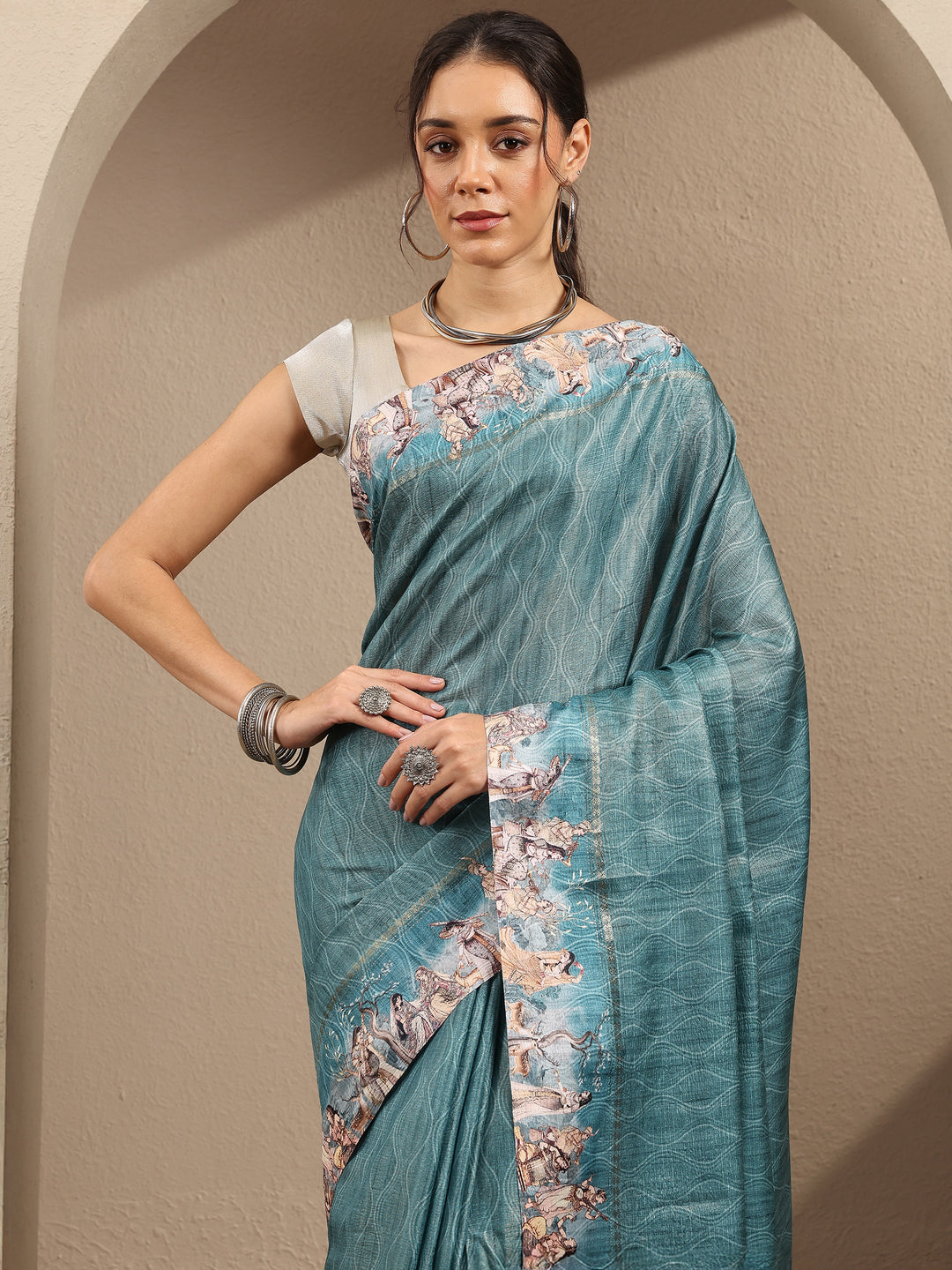  Green Printed Silk Blend Saree With Unstitched Blouse Piece 