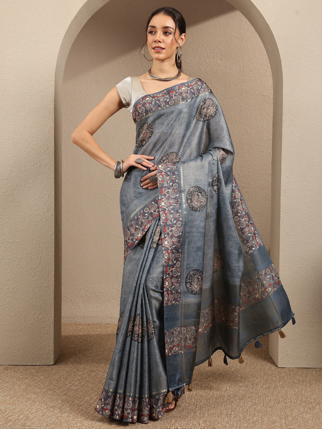  Grey Printed Silk Blend Saree With Unstitched Blouse Piece 