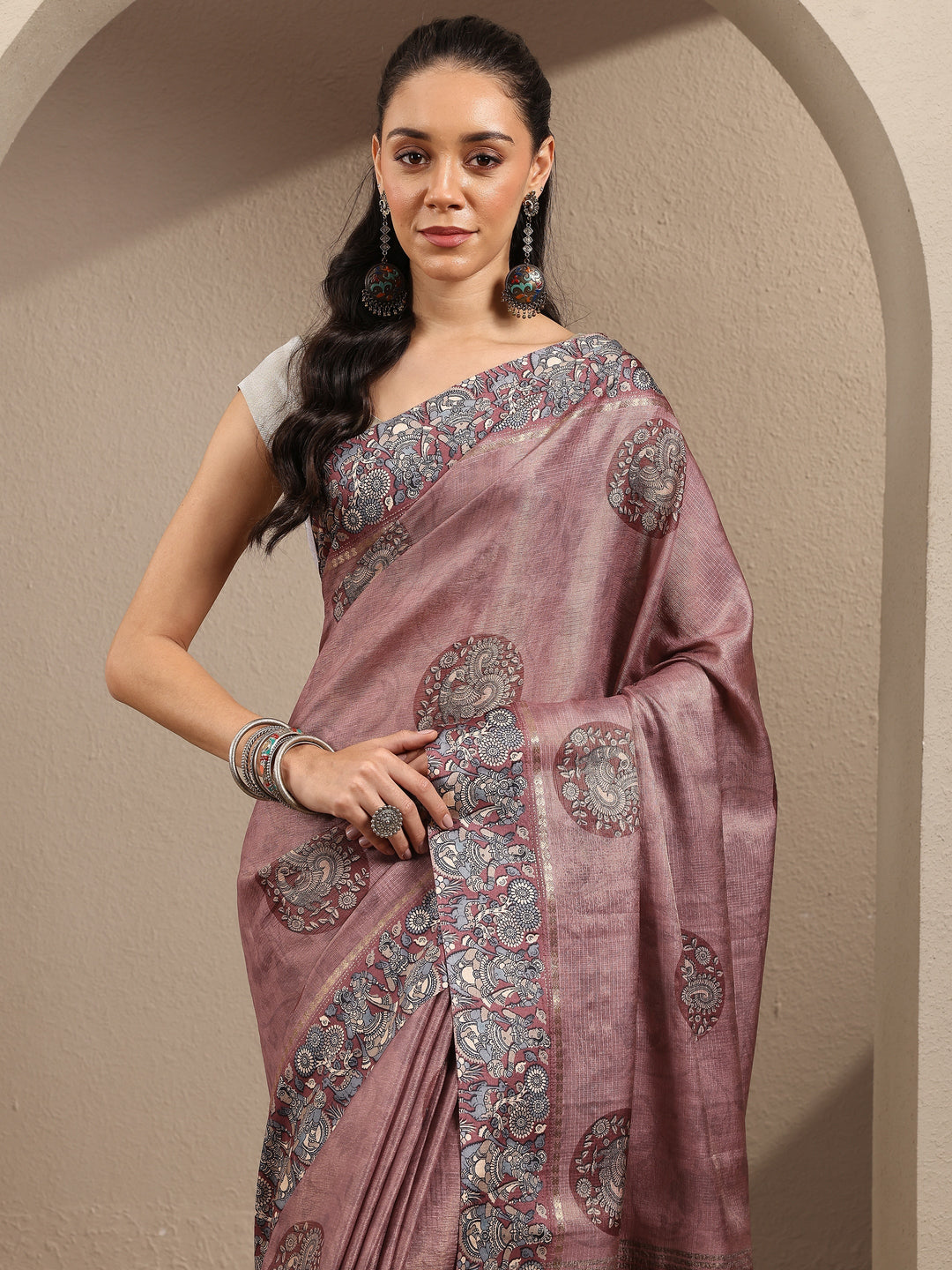  Mauve Printed Silk Blend Saree With Unstitched Blouse Piece 