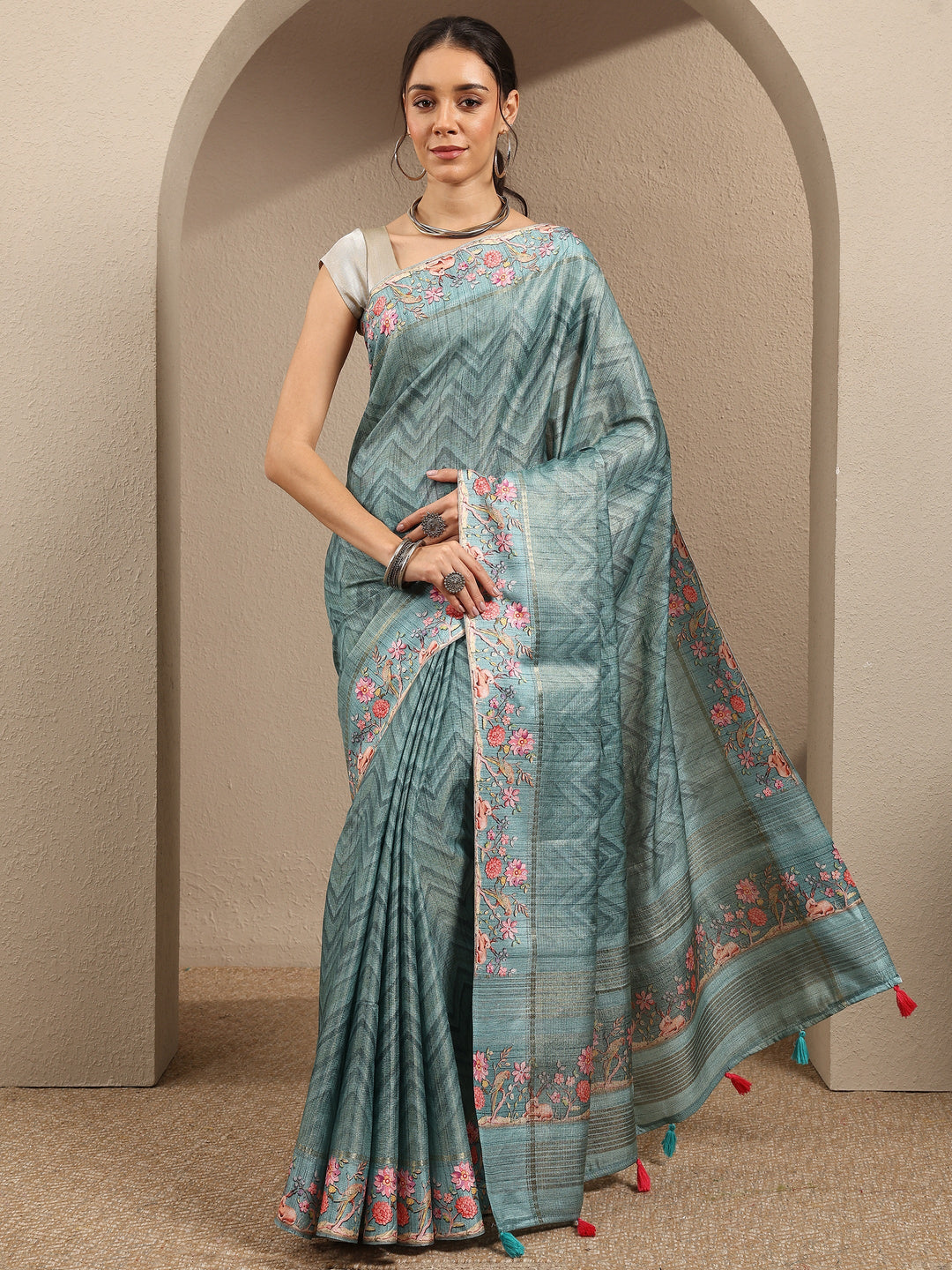  Green Leheriya Printed Silk Blend Saree With Unstitched Blouse Piece 