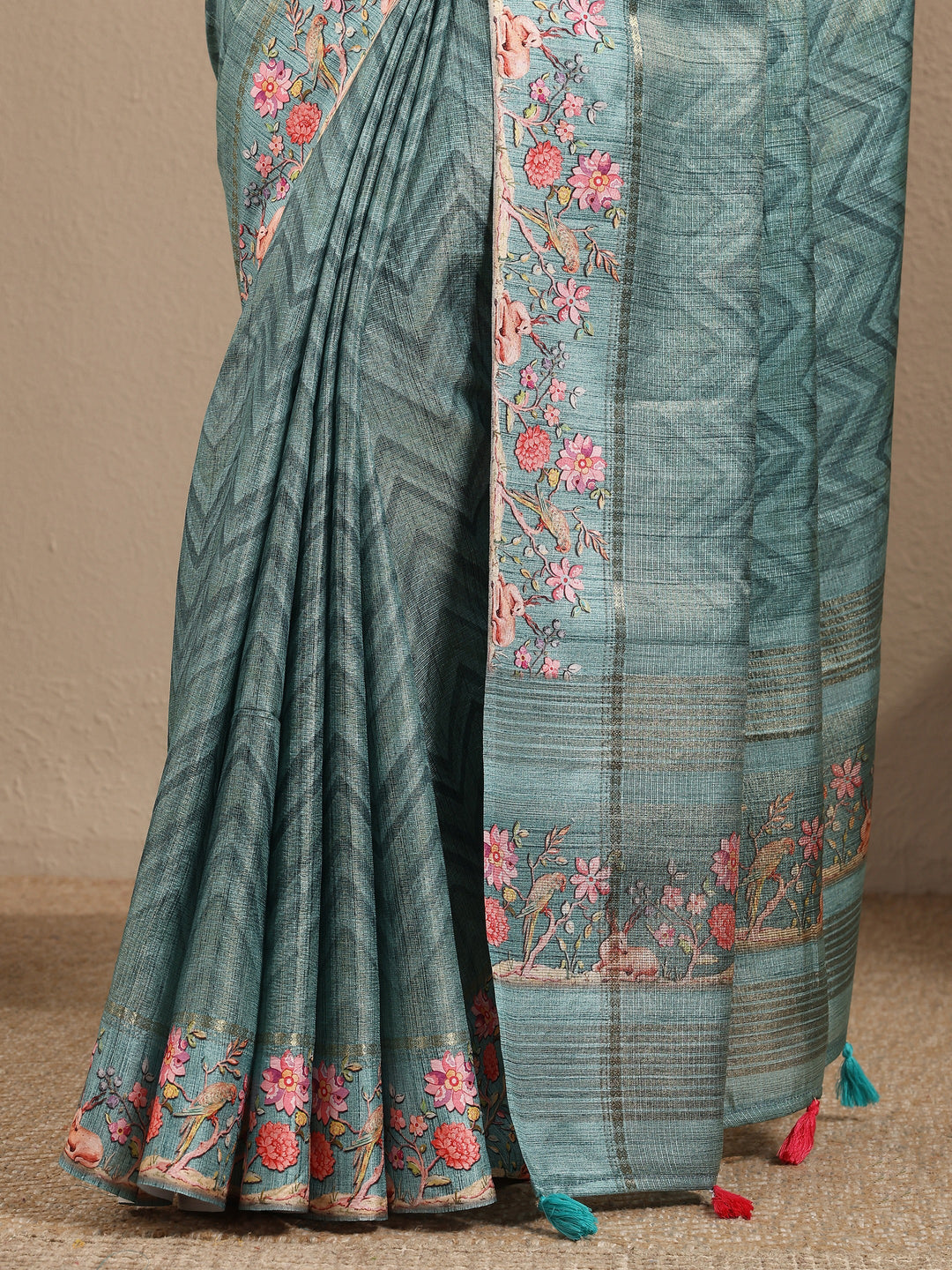  Green Leheriya Printed Silk Blend Saree With Unstitched Blouse Piece 