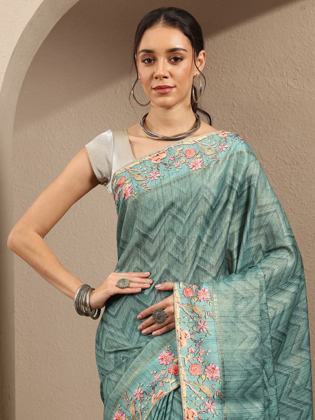  Green Leheriya Printed Silk Blend Saree With Unstitched Blouse Piece 