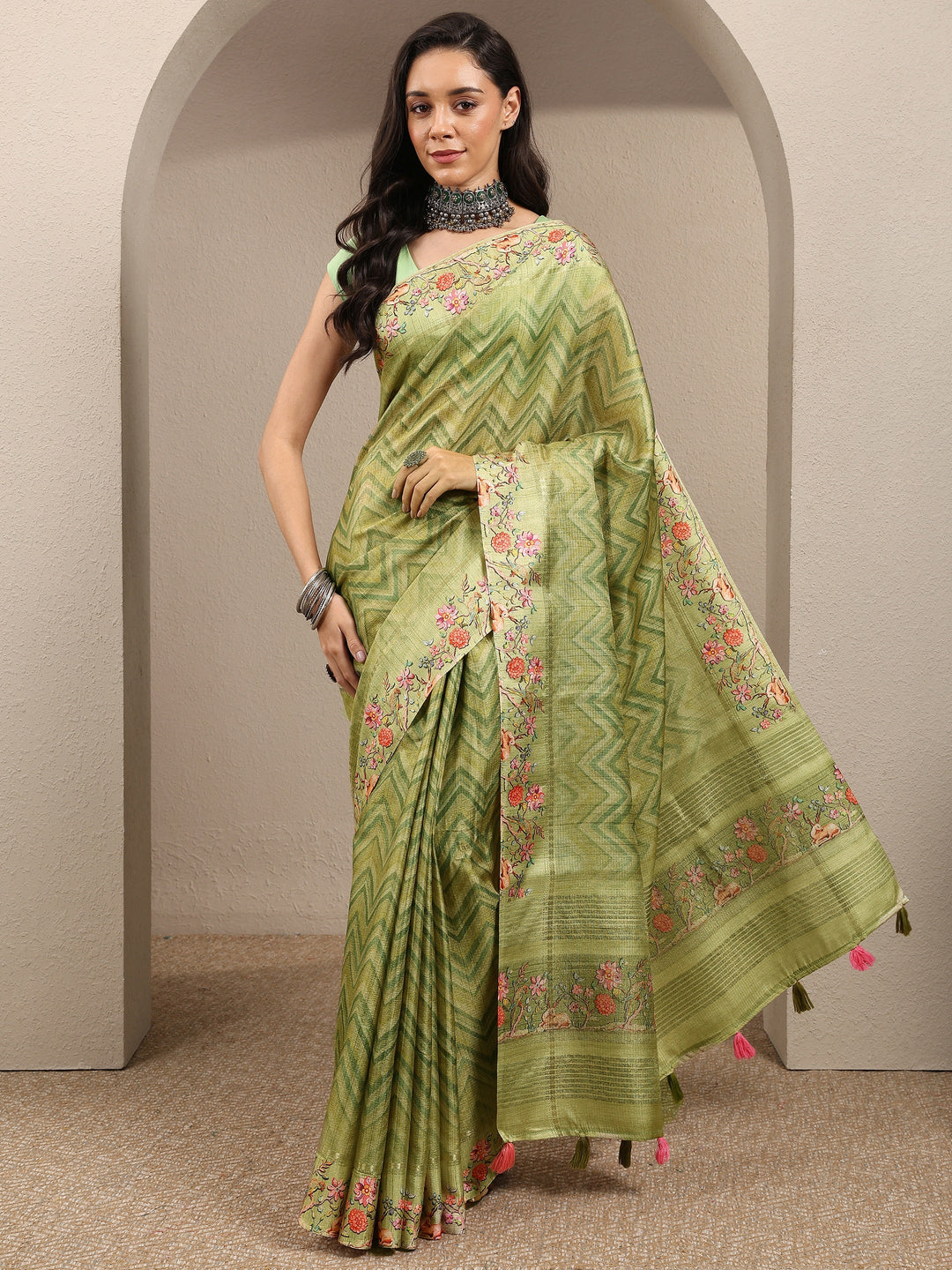  Green Leheriya Printed Silk Blend Saree With Unstitched Blouse Piece 