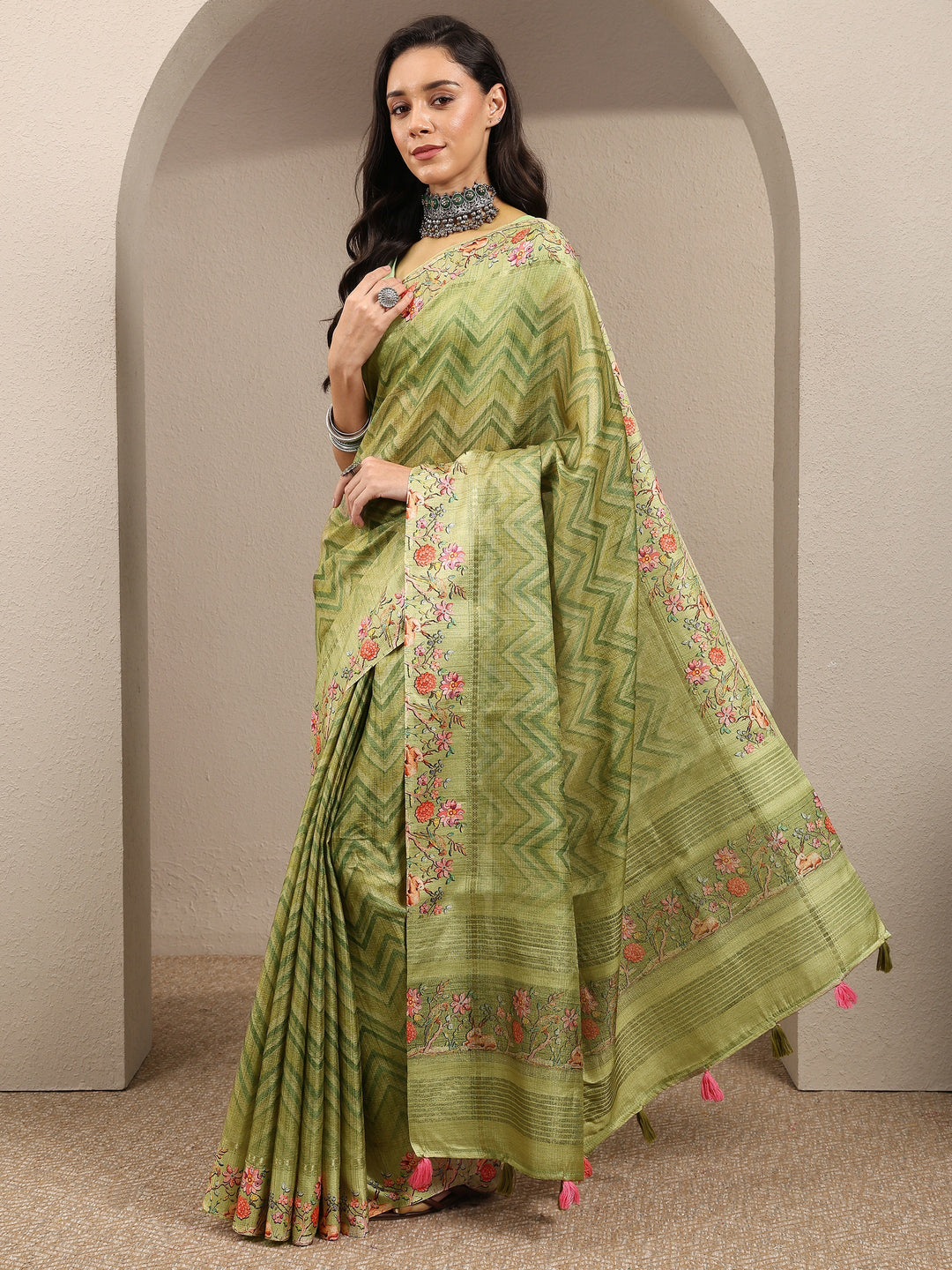  Green Leheriya Printed Silk Blend Saree With Unstitched Blouse Piece 