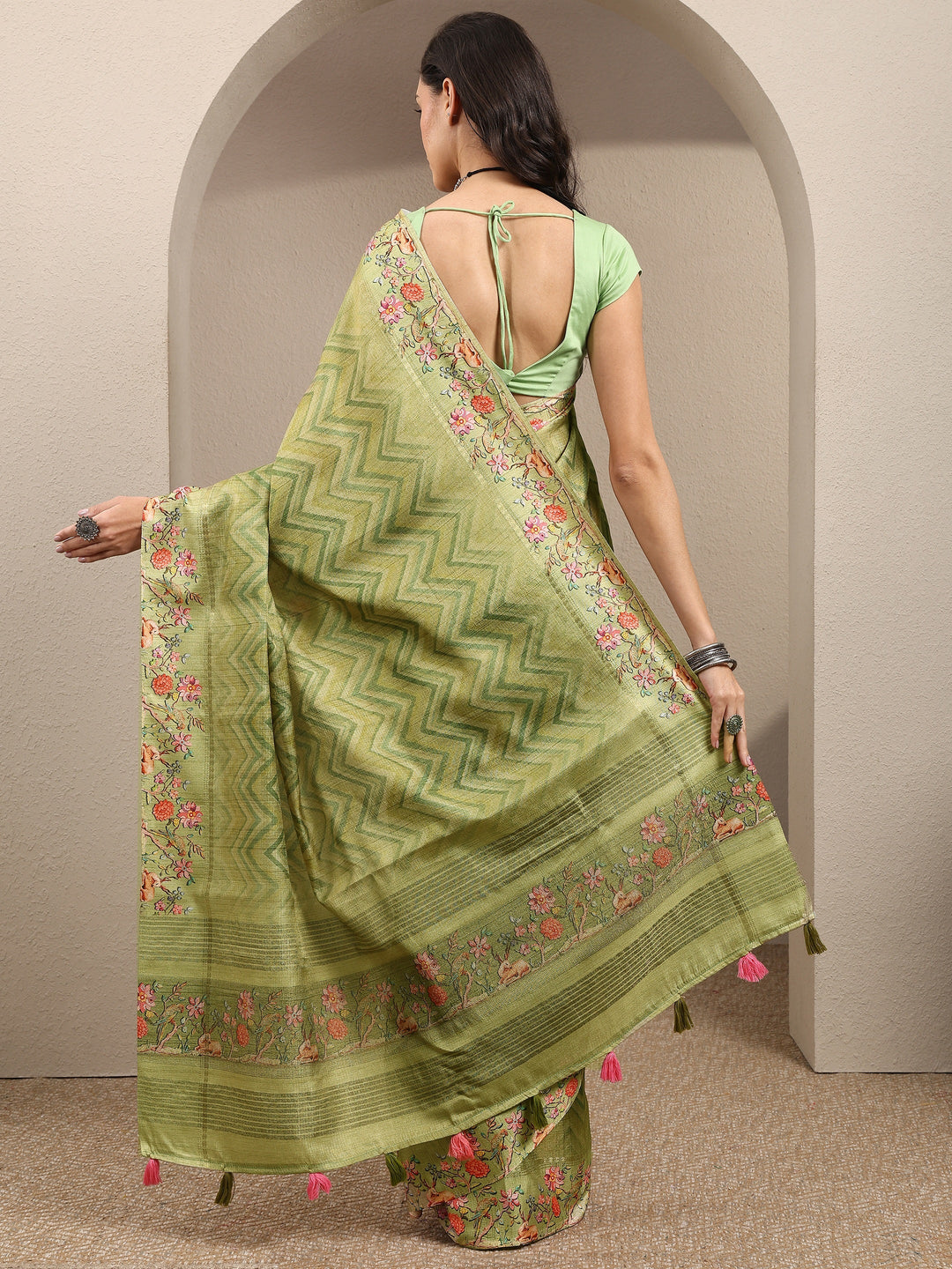  Green Leheriya Printed Silk Blend Saree With Unstitched Blouse Piece 