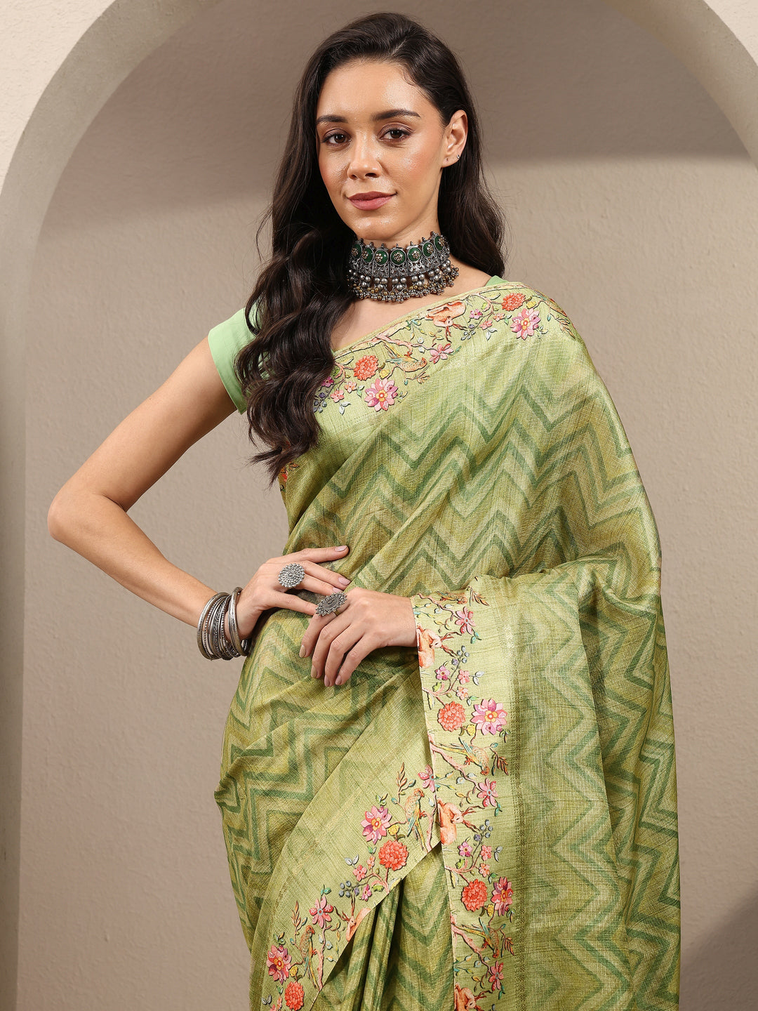  Green Leheriya Printed Silk Blend Saree With Unstitched Blouse Piece 
