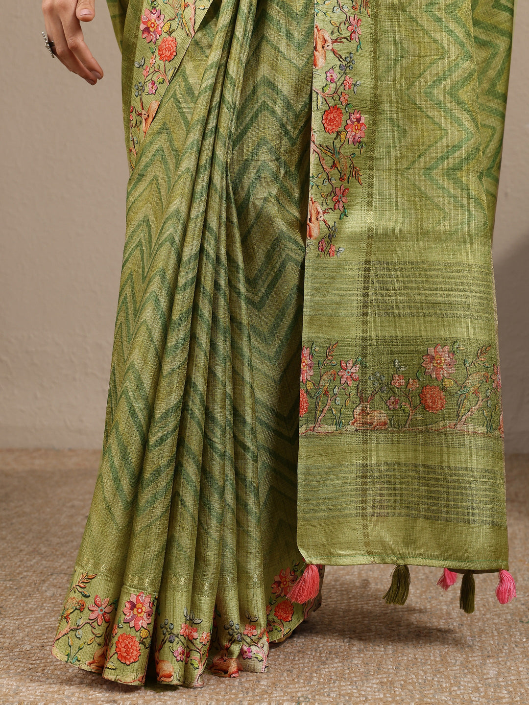  Green Leheriya Printed Silk Blend Saree With Unstitched Blouse Piece 