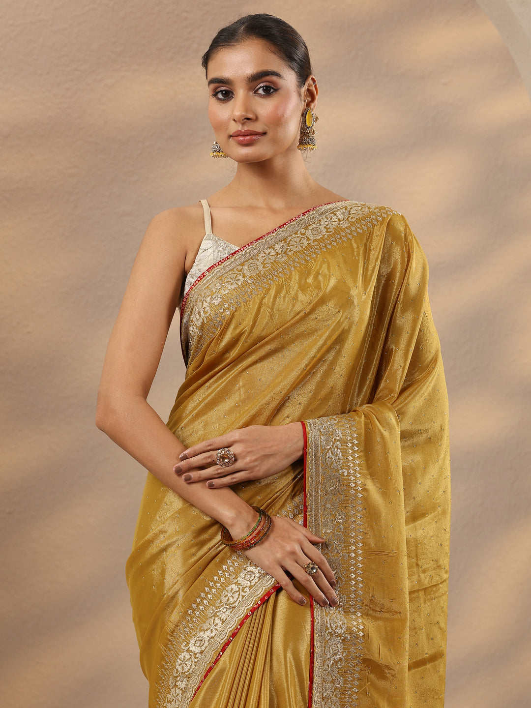  Mustard Embellished Silk Blend Saree With Unstitched Blouse Piece 