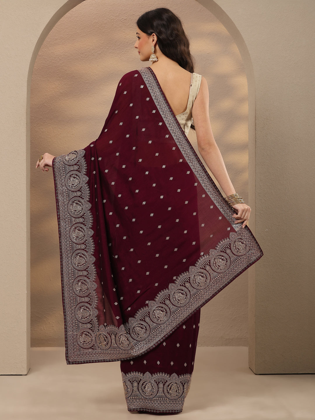  Burgundy Embroidered Georgette Saree With Unstitched Blouse Piece 