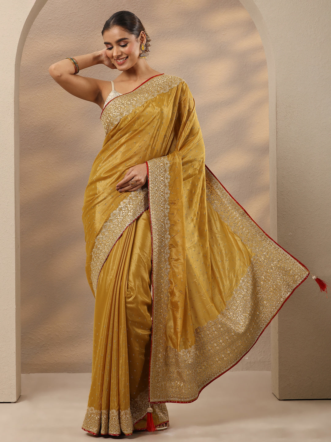  Mustard Embellished Silk Blend Saree With Unstitched Blouse Piece 