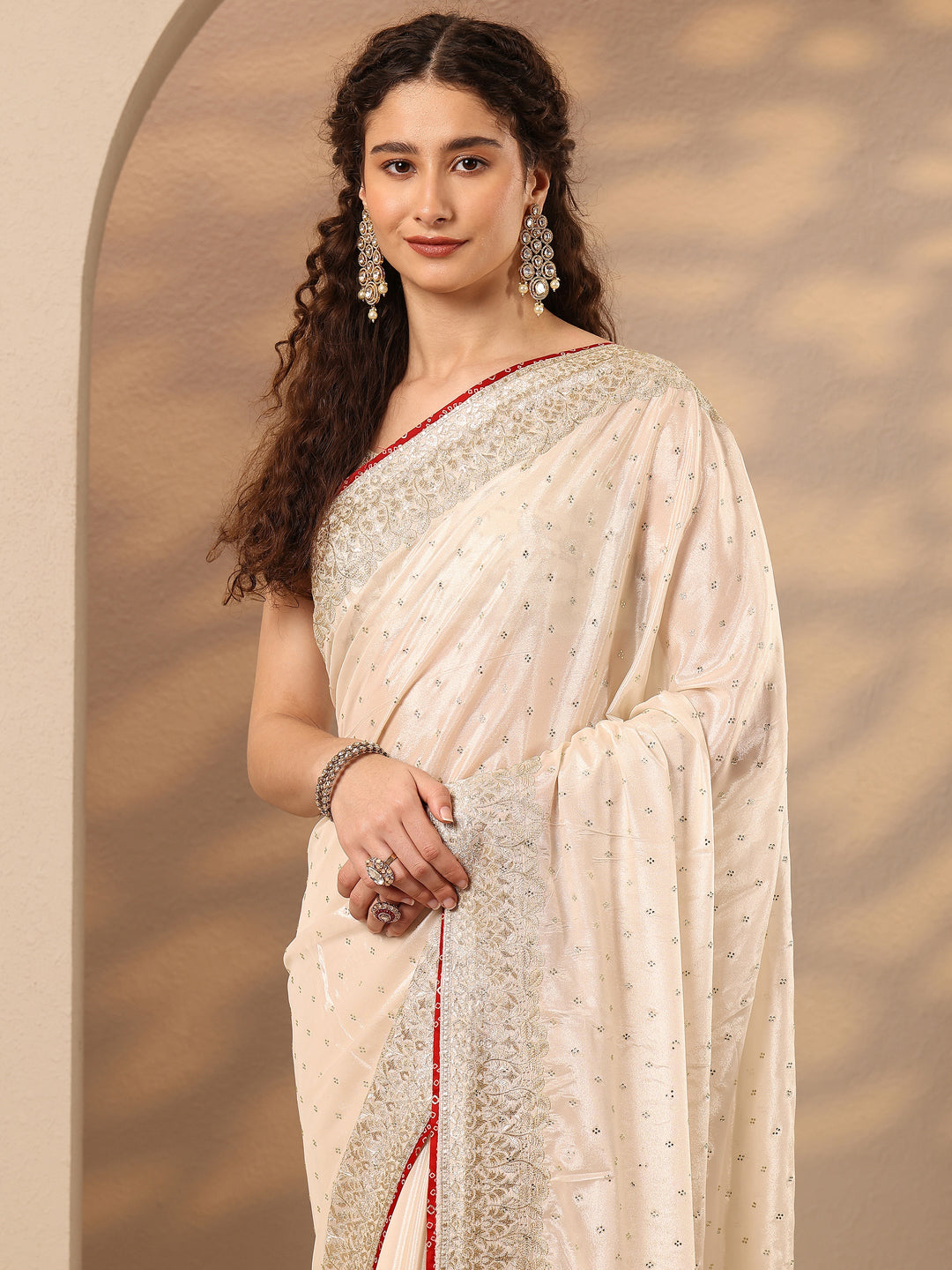  Cream Embellished Silk Blend Saree With Unstitched Blouse Piece 