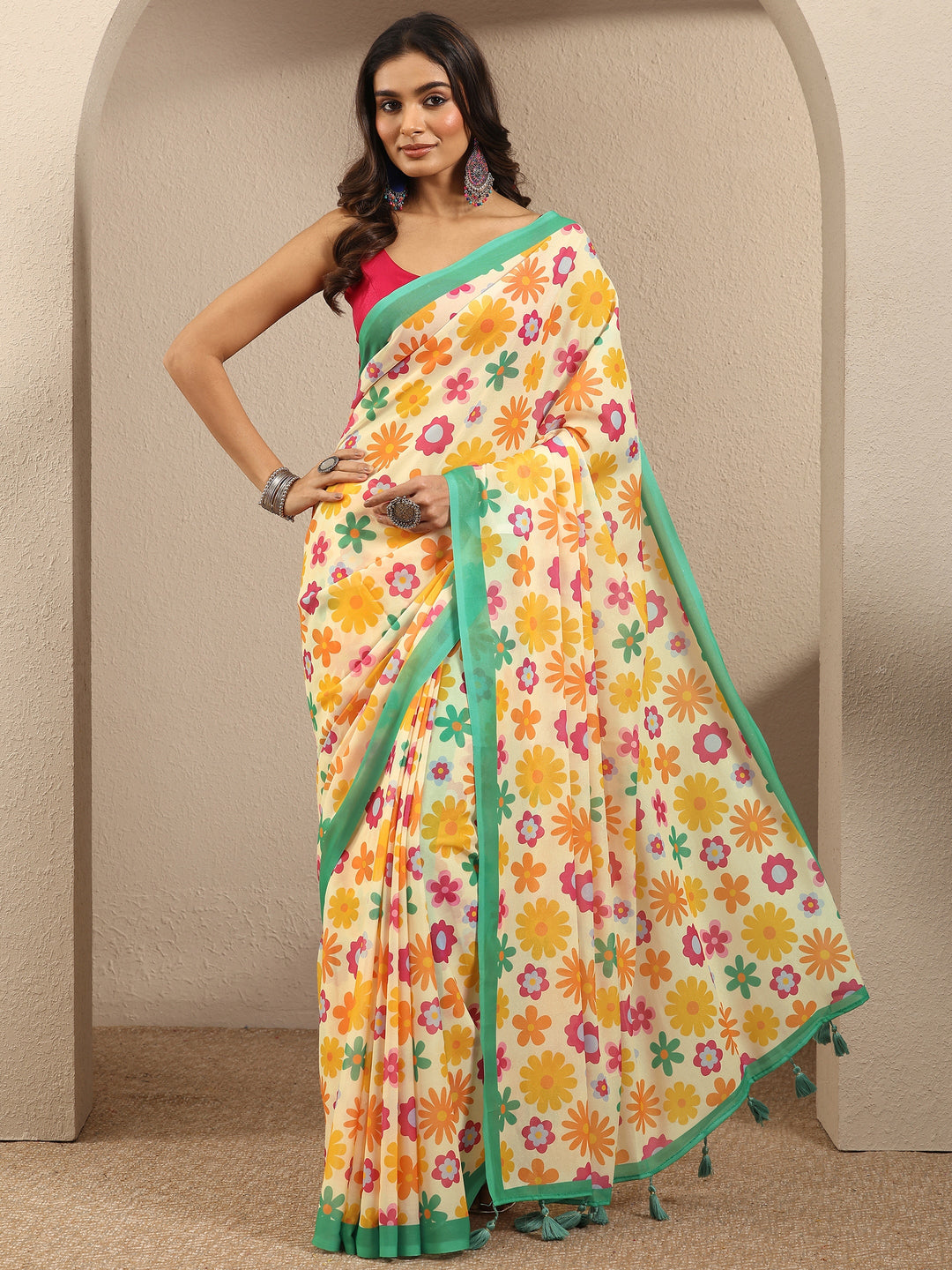  Cream Printed Georgette Saree With Unstitched Blouse Piece 