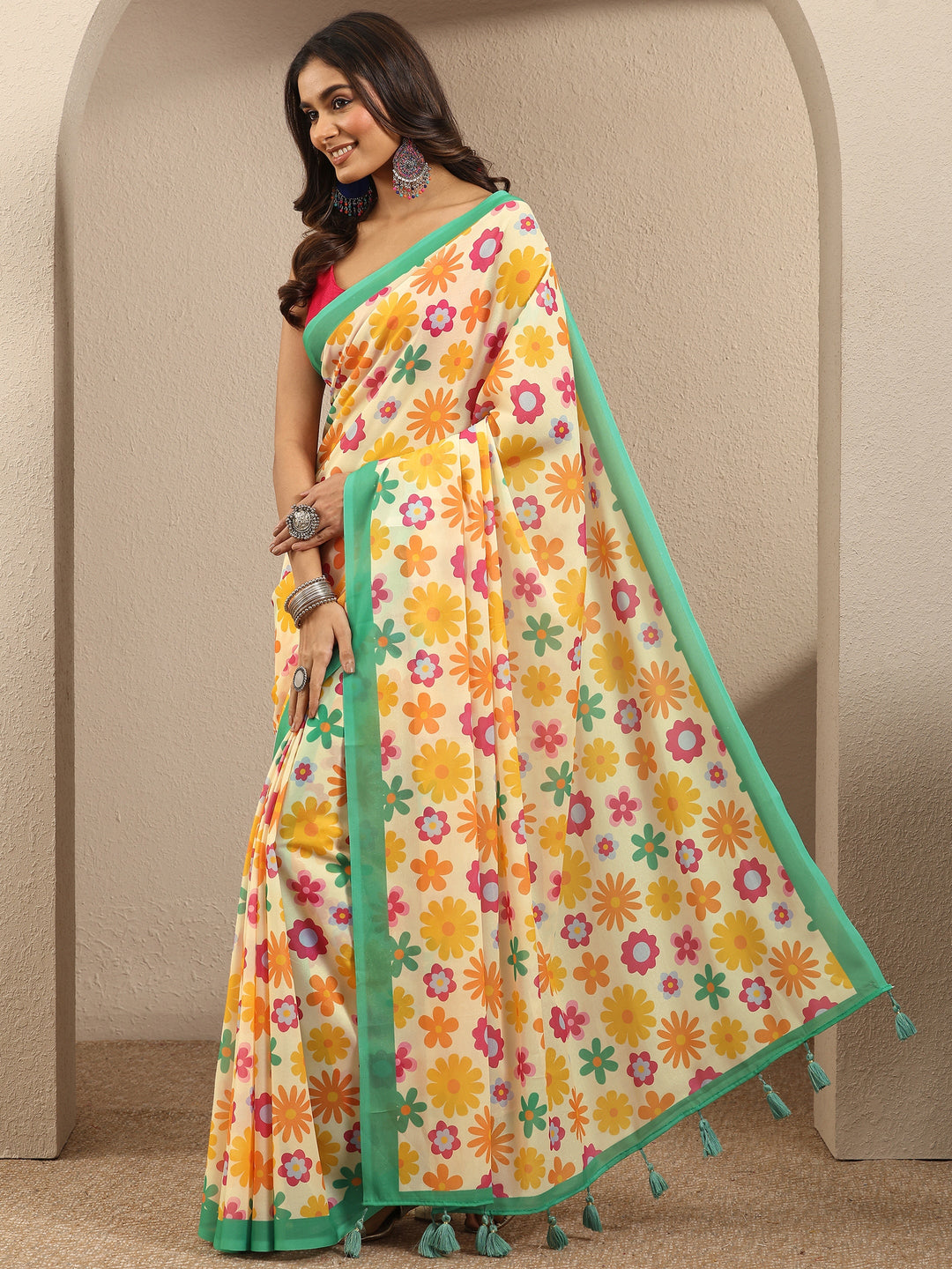 Cream Printed Georgette Saree With Unstitched Blouse Piece 