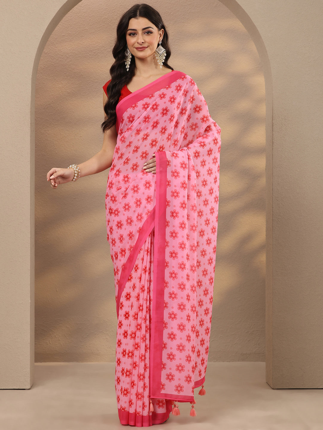  Pink Printed Georgette Saree With Unstitched Blouse Piece 