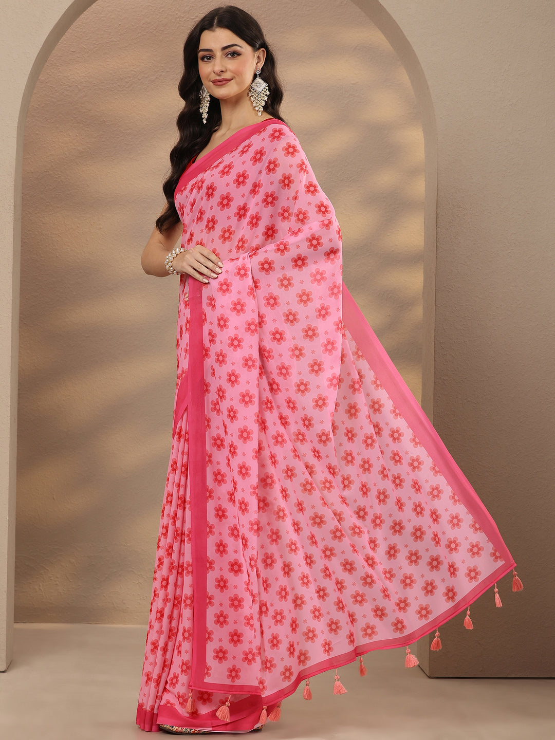  Pink Printed Georgette Saree With Unstitched Blouse Piece 