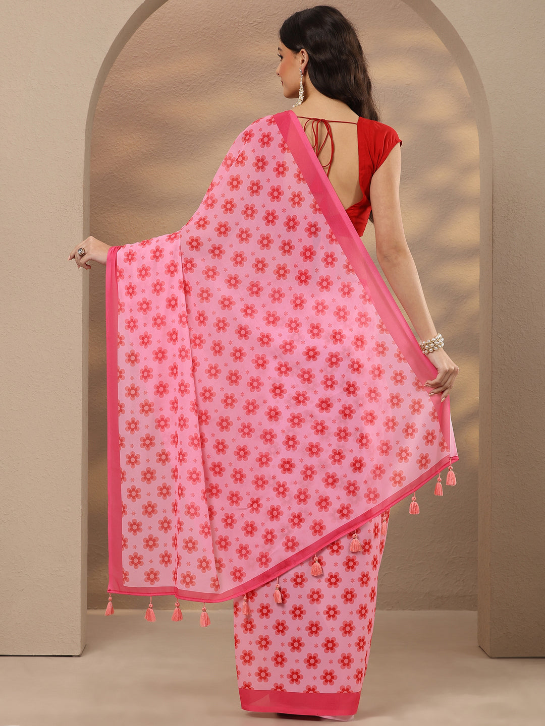  Pink Printed Georgette Saree With Unstitched Blouse Piece 