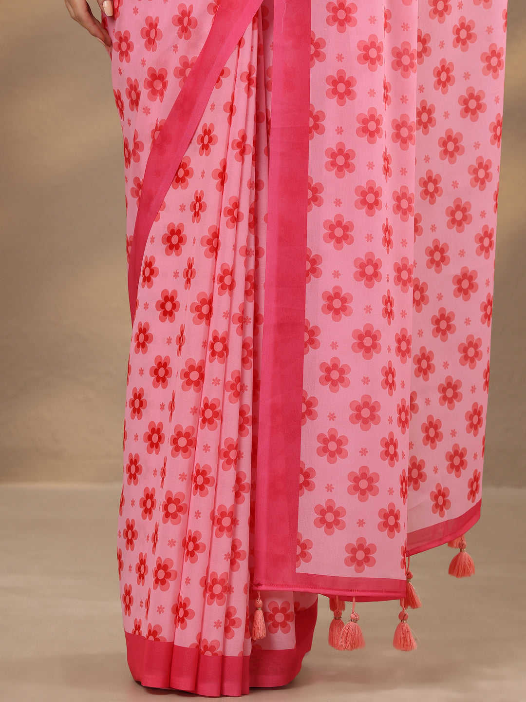 Pink Printed Georgette Saree With Unstitched Blouse Piece 