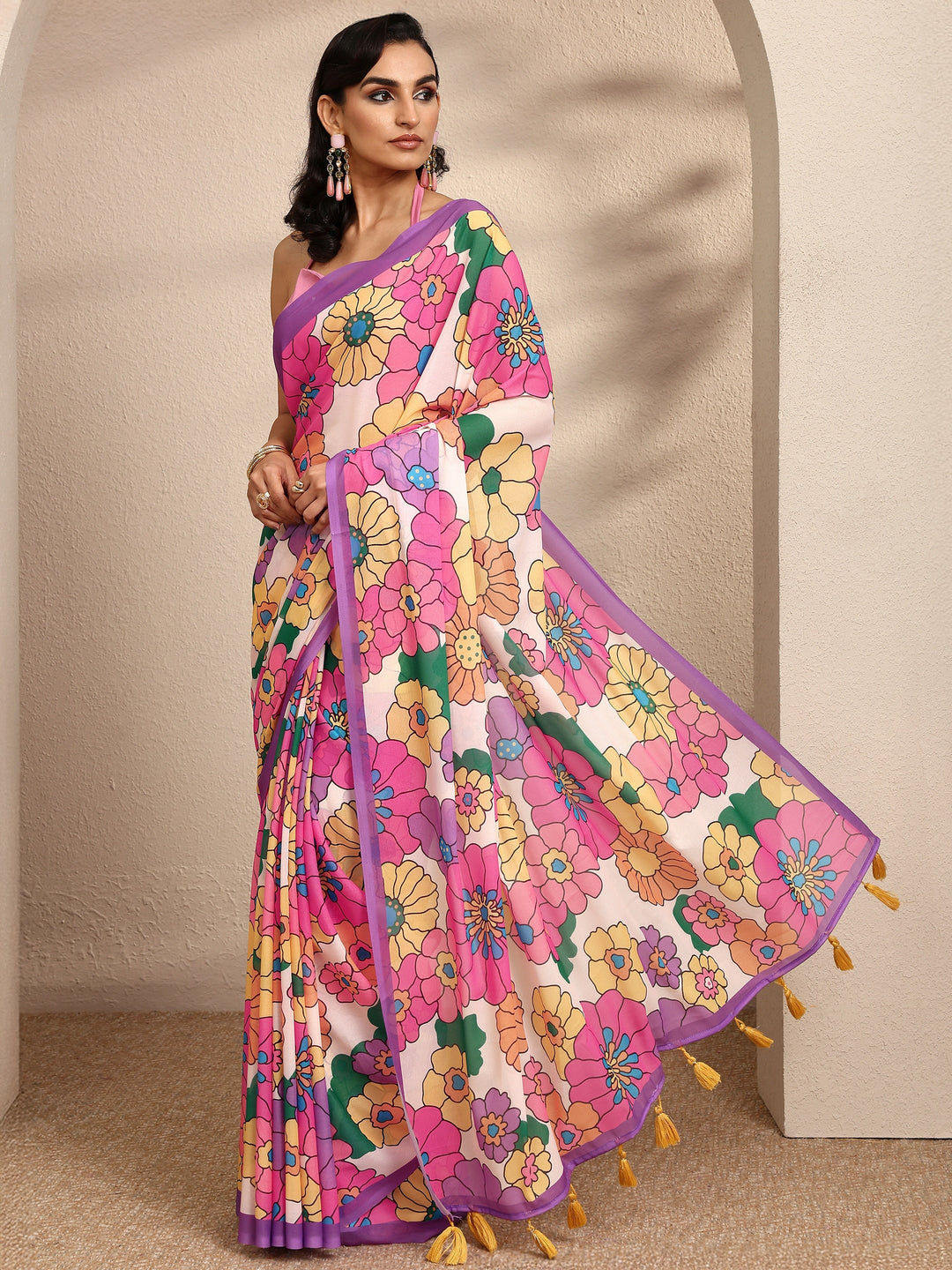  Purple Printed Georgette Saree With Unstitched Blouse Piece 
