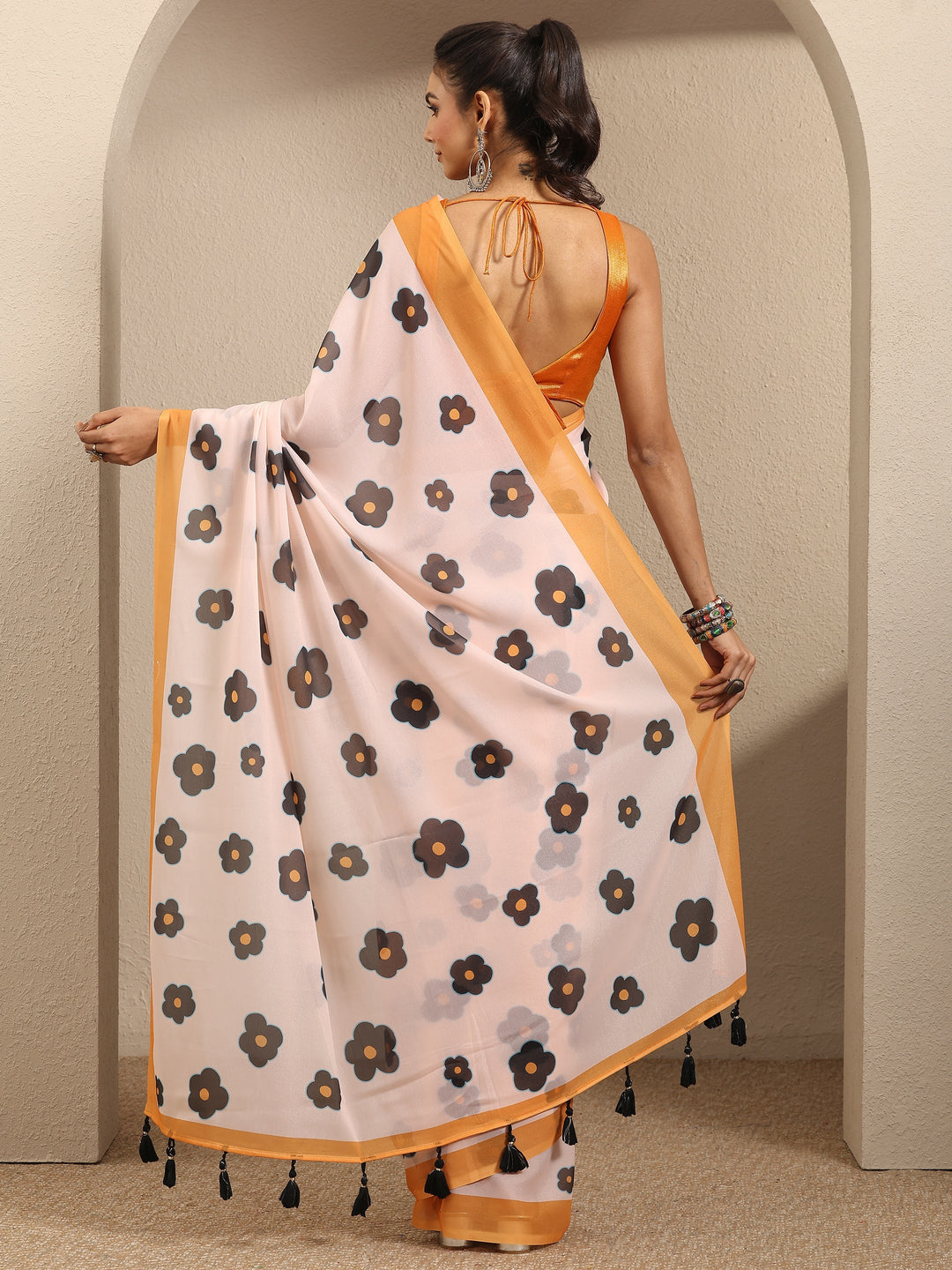  Peach Printed Georgette Saree With Unstitched Blouse Piece 
