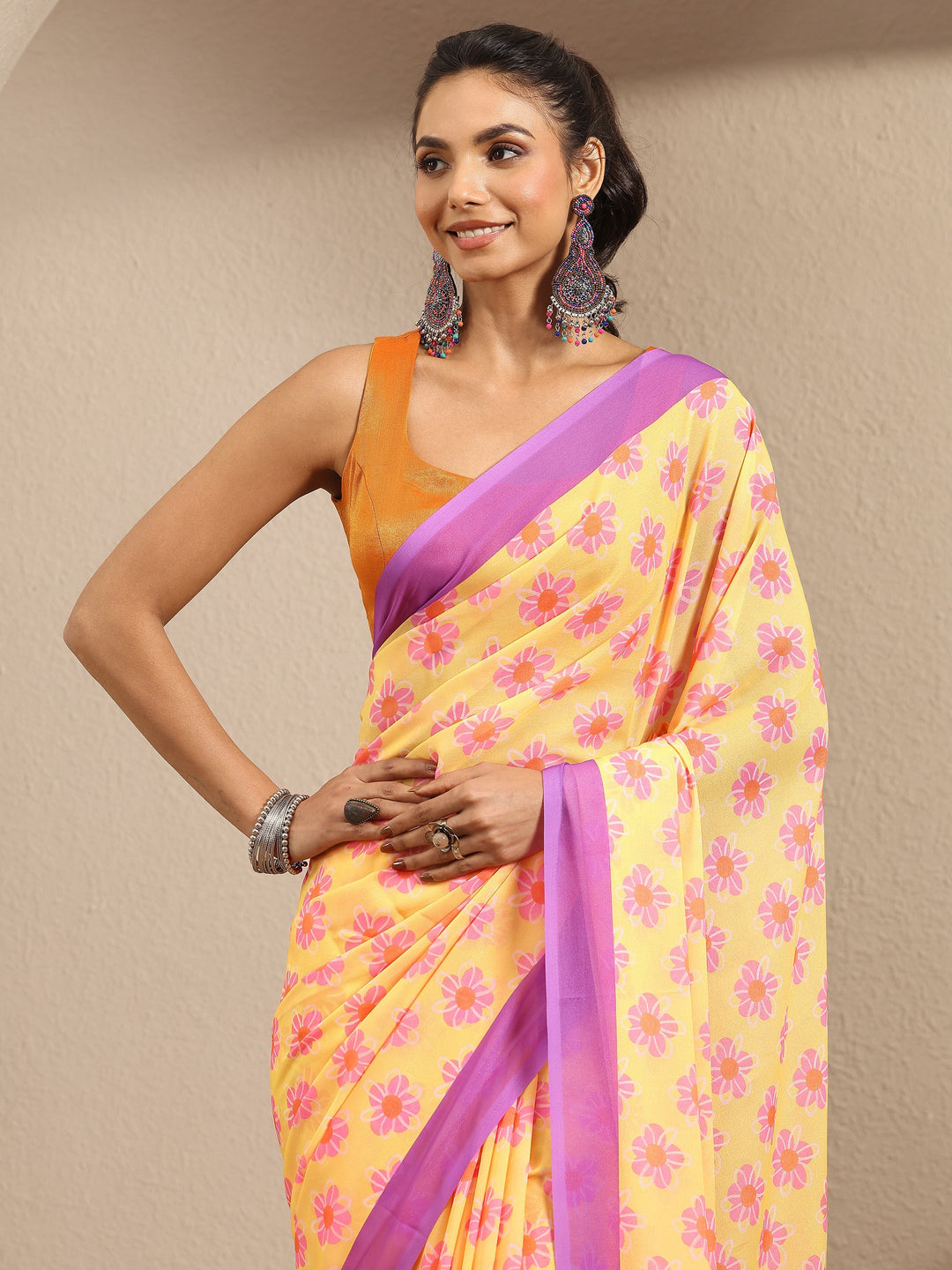  Mustard Printed Georgette Saree With Unstitched Blouse Piece 