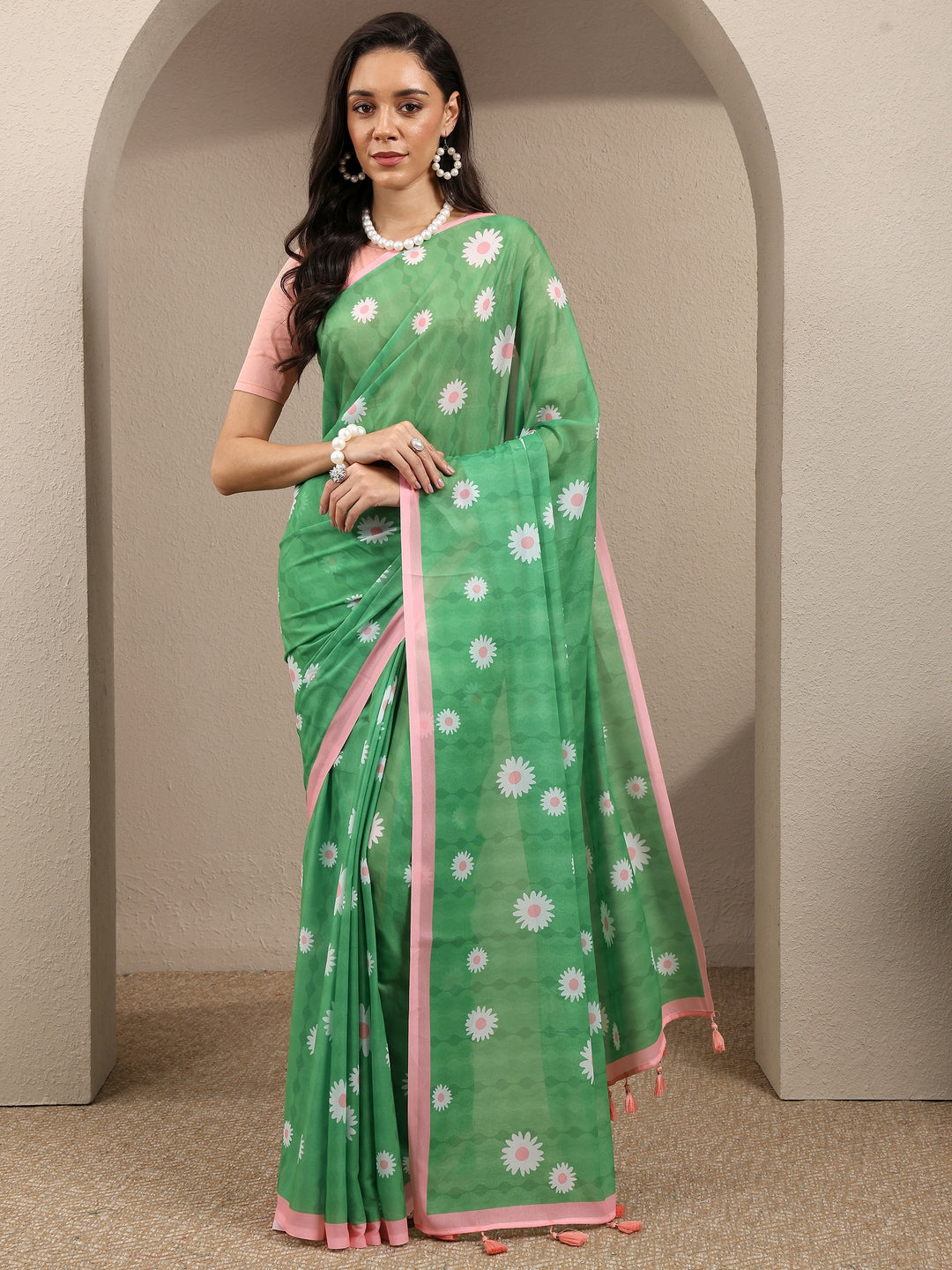  Green Printed Georgette Saree With Unstitched Blouse Piece 