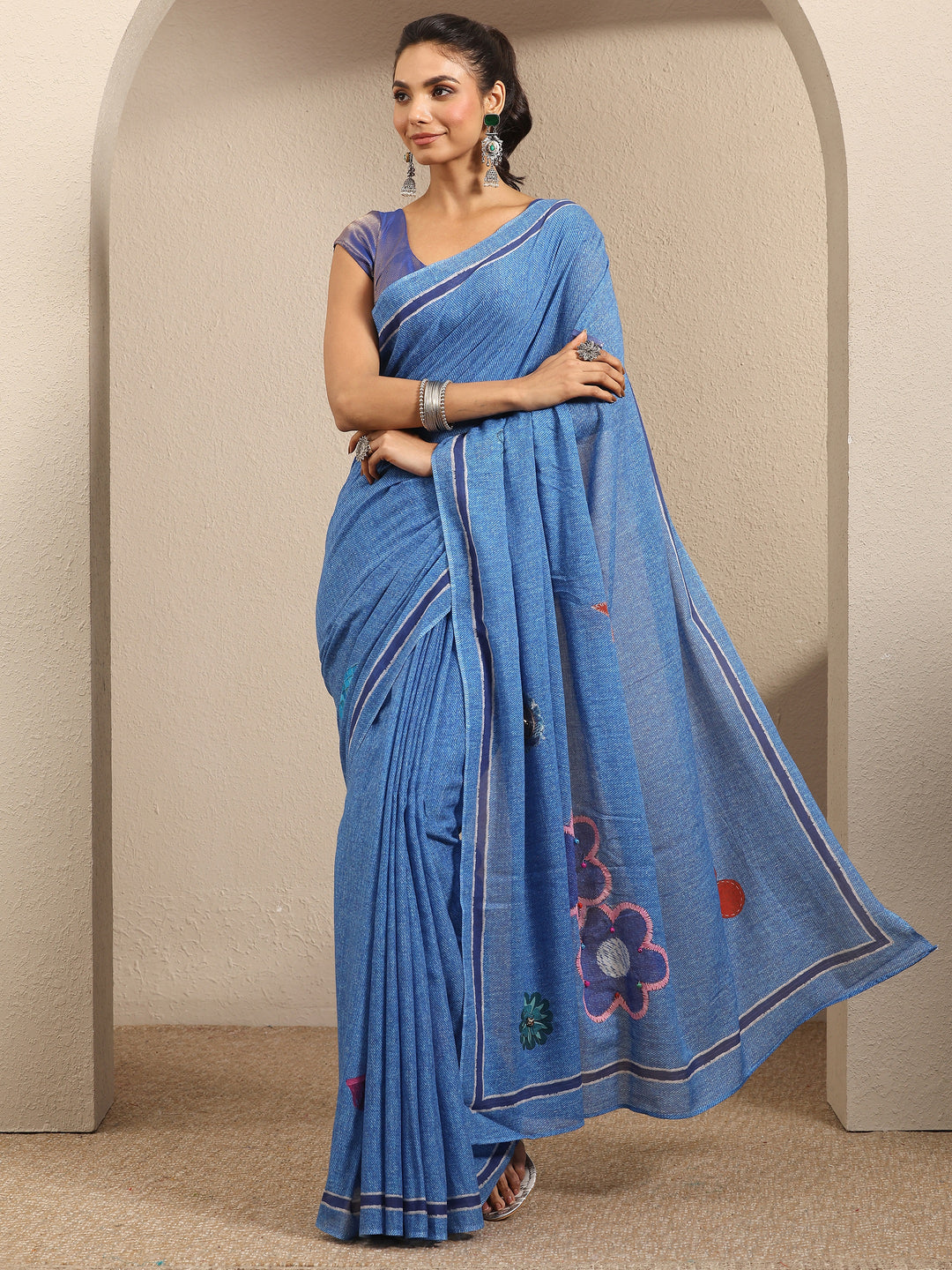  Blue Printed Cotton Blend Saree With Unstitched Blouse Piece 