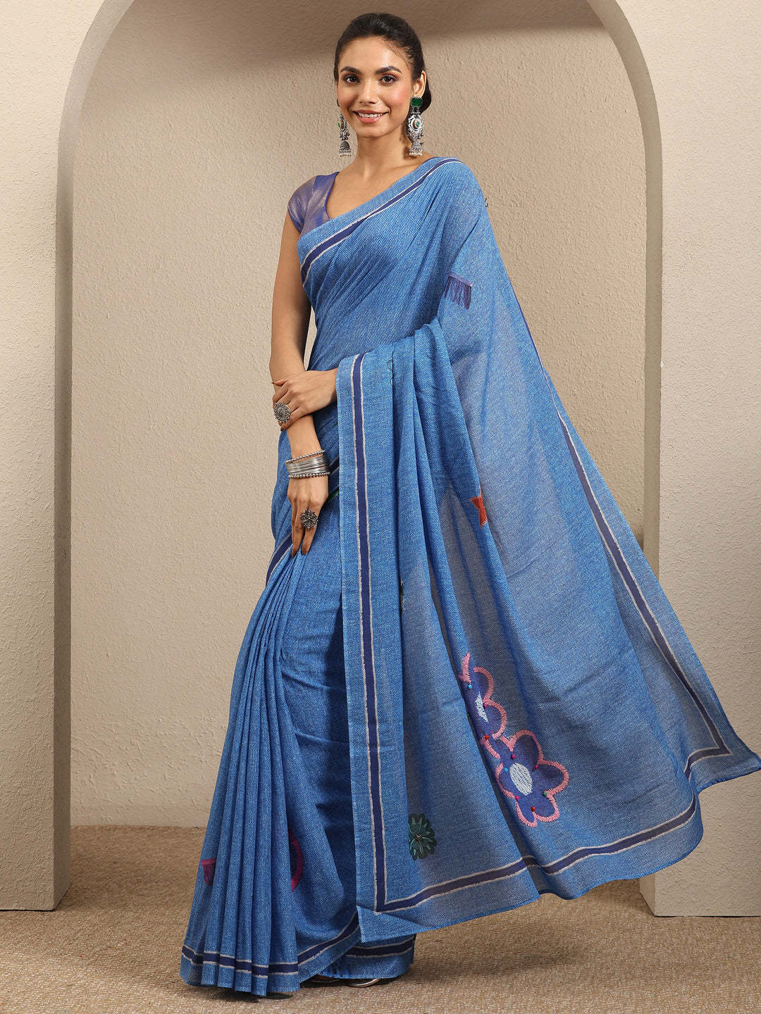  Blue Printed Cotton Blend Saree With Unstitched Blouse Piece 