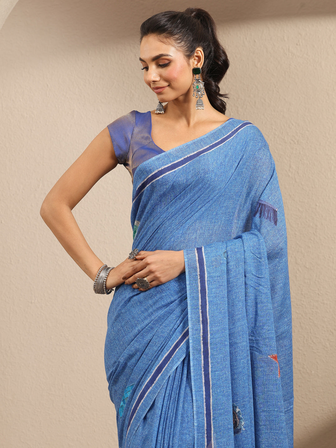  Blue Printed Cotton Blend Saree With Unstitched Blouse Piece 