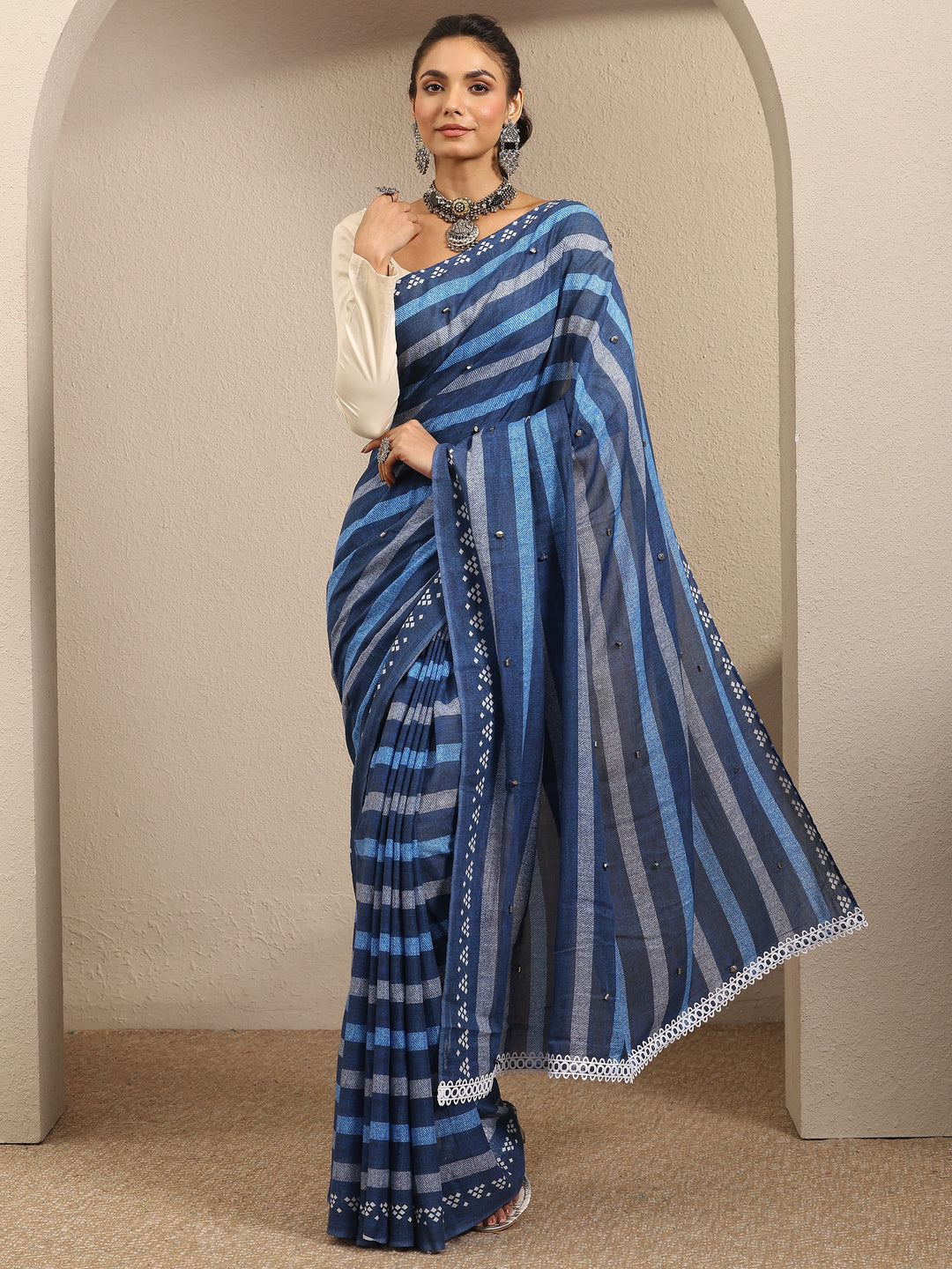  Blue Striped Printed Cotton Blend Saree With Unstitched Blouse Piece 